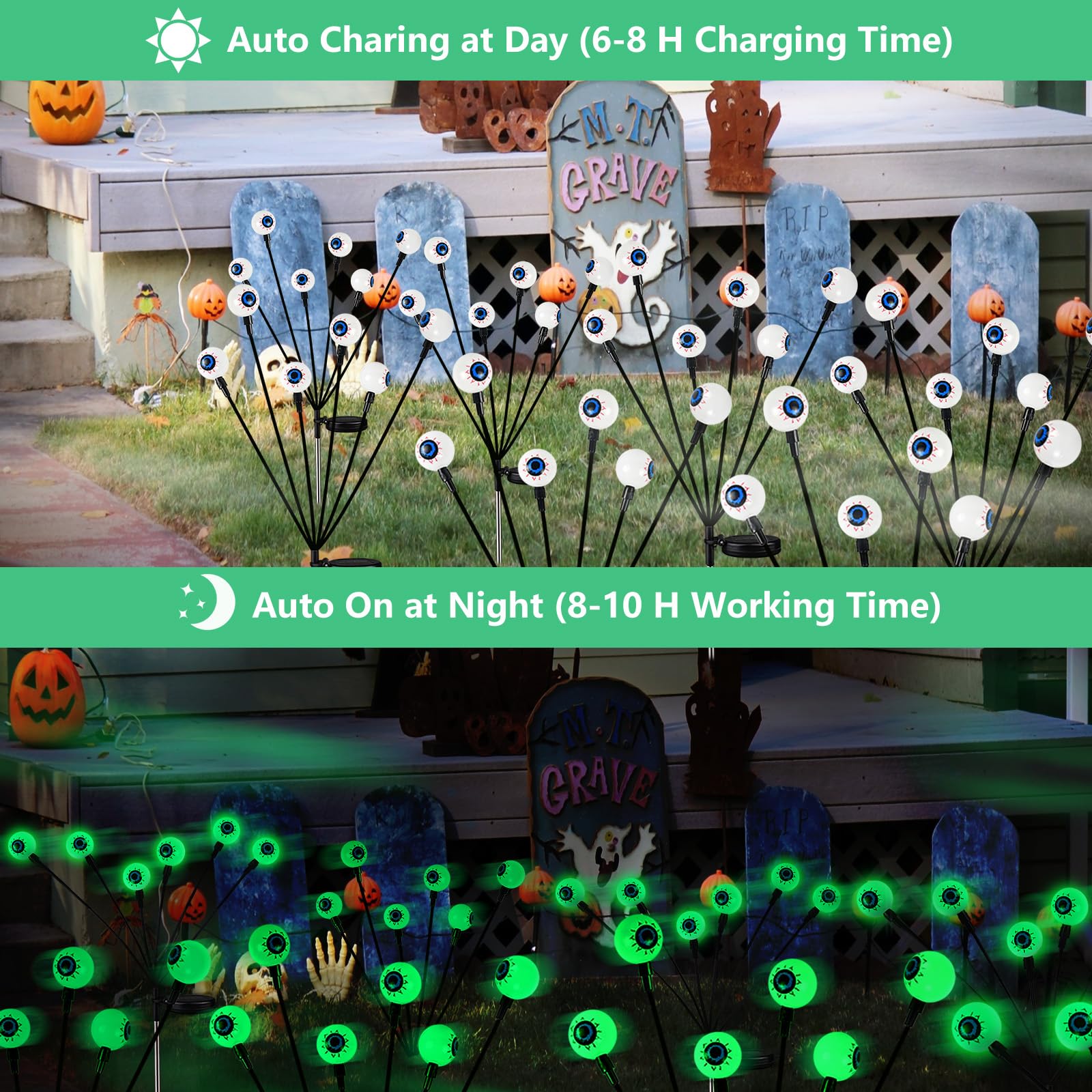 YIQU Halloween Outdoor Solar Eyeball Lights, 12 LED Green, 2 Pack, Waterproof Decor for Patio Yard Lawn