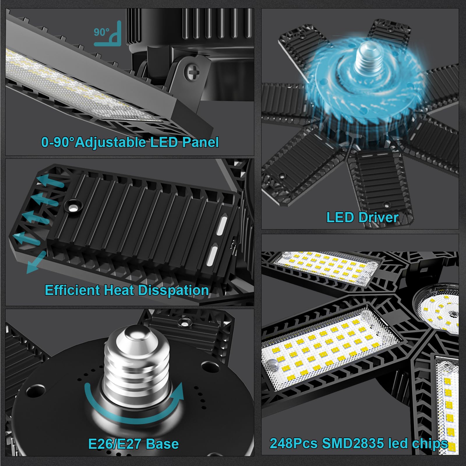 CHENGCHILIT LED Garage Light 200W 20000LM 6500K with 7+1 Adjustable Panels E26/E27 for Workshop Storage Room Warehouse