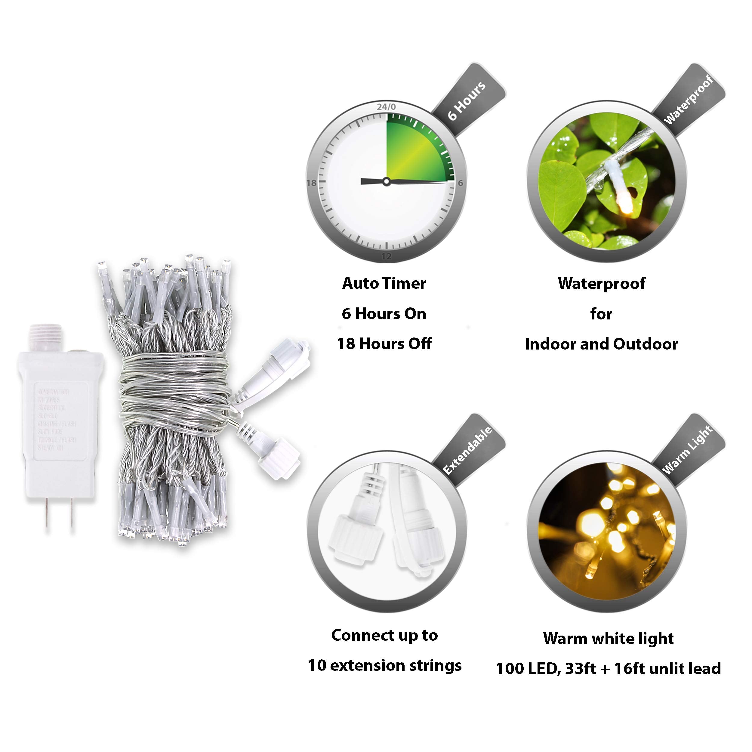 Louis Choice Led String Lights, 100 Warm White Lights, 49Ft Waterproof, Indoor/Outdoor, With Timer, Model Lc_Slp
