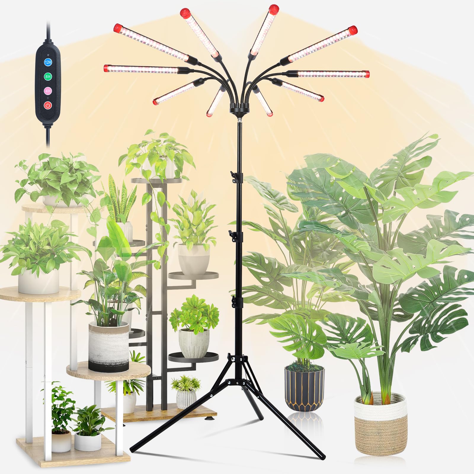 Orchbloom 10Head Grow Light on Stand for Large&Tall Indoor Plants  Bonsai Tree  Bright and Big Coverage Plant Growing Lamps  4/8/12/16/20H Timer  90 Watt Power Draw  NO Need Adapter  360 Gooseneck
