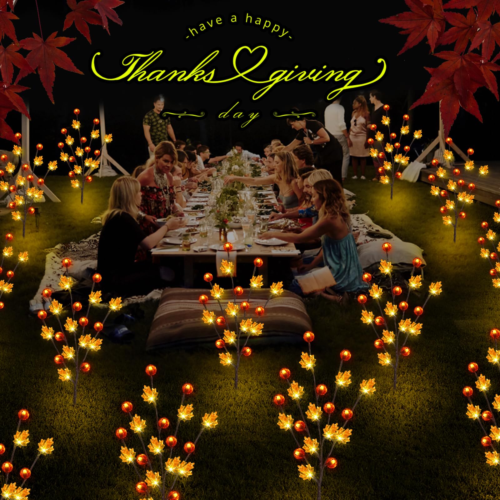 Behiller Fall Decor Solar Garden Lights - 4 Pack 80Led Pumpkin & Maple Leaf For Thanksgiving