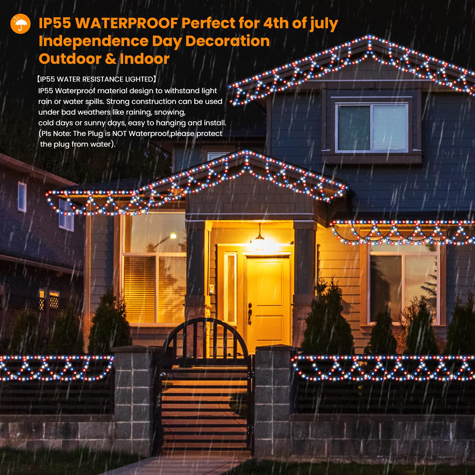 Kazoku 4Th Of July Outdoor String Lights 40Ft 380Led Waterpoof Red White Blue Semicircle String Lights 8 Lighting Modes Mermory