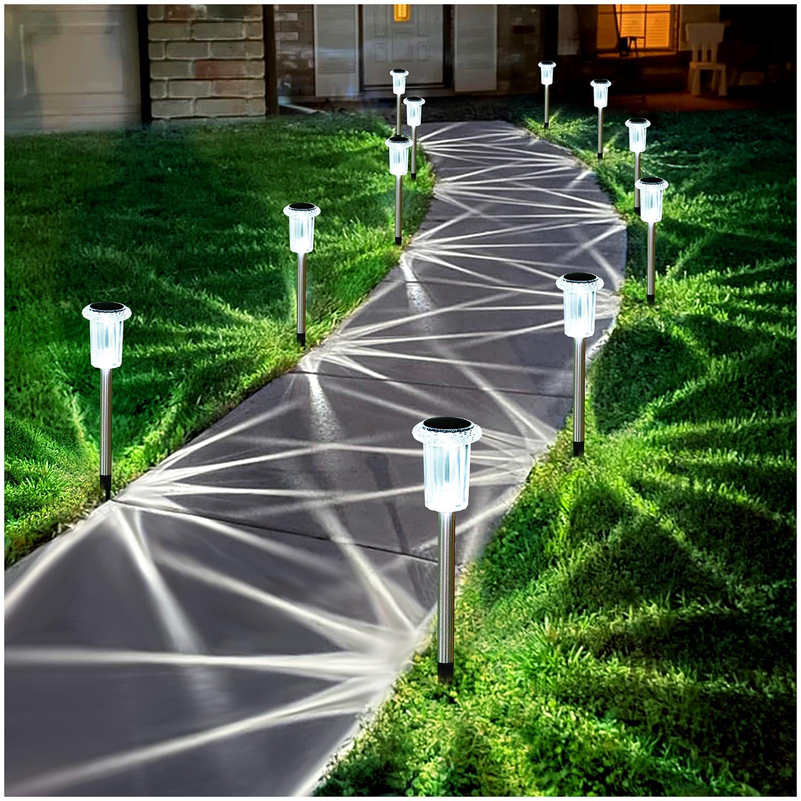 Gorrzai 10 Pack Solar Pathway Lights - Stainless Steel Led Outdoor Lighting, Cold White