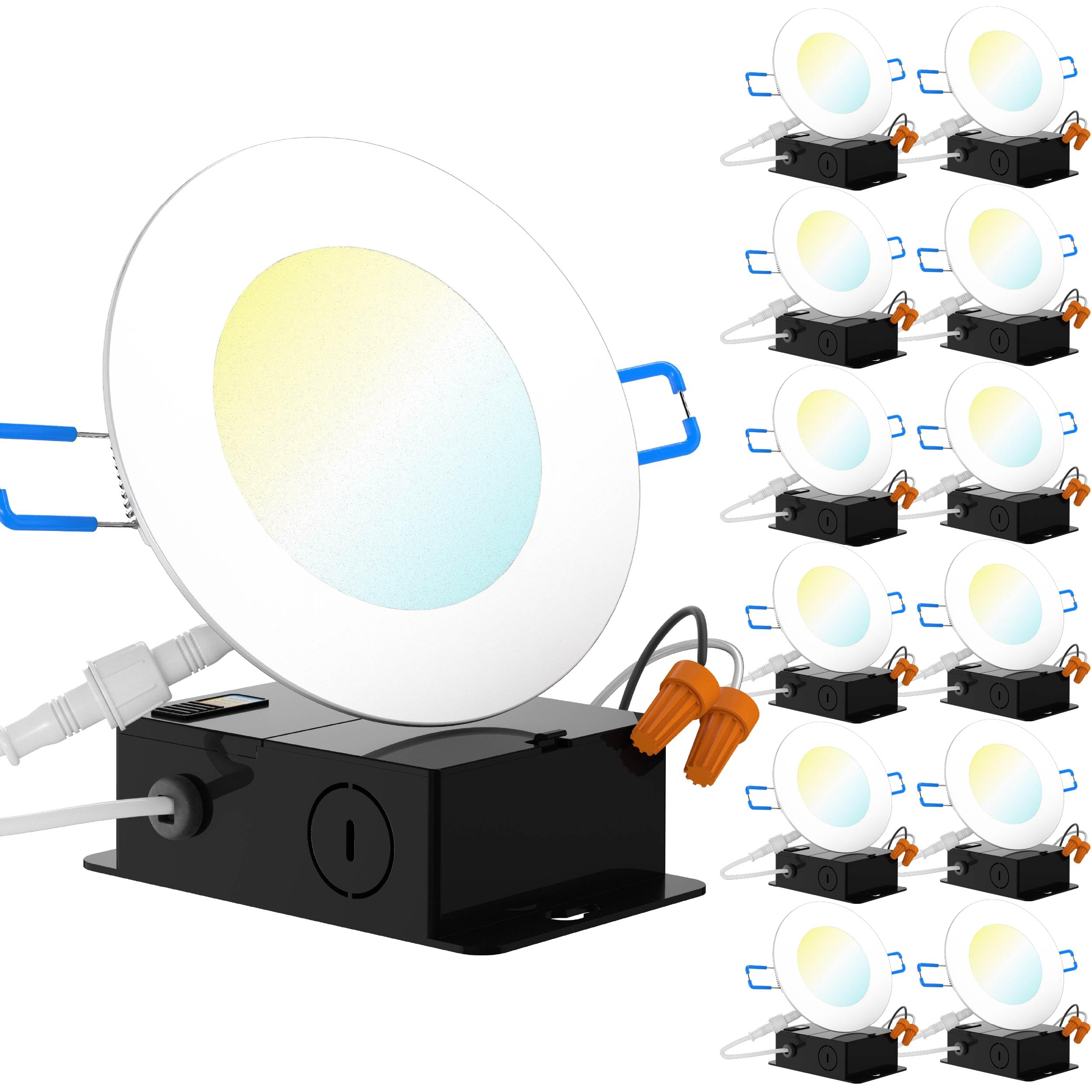 Sunco 12 Pack 5Cct 4 Inch Ultra Thin Led Recessed Ceiling Lights Slim, 800 Lumens High Brightness, 2700K/3000K/3500K/4000K/5000K Selectable, Dimmable, 10W, Canless Wafer With Junction Box