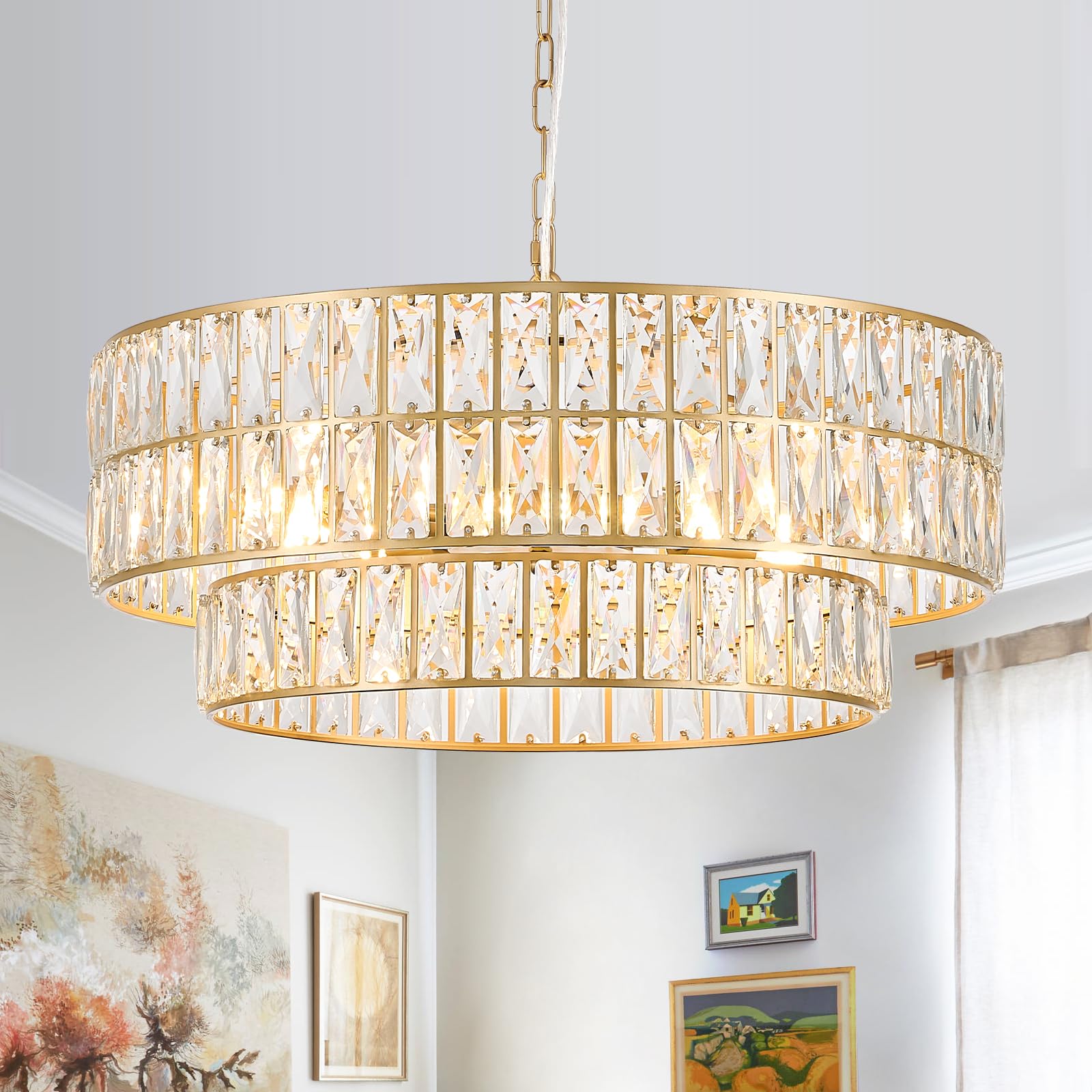 CATINER 24 Modern Crystal Chandelier 8-Lights Elegant Gold Semi Flush Mount Ceiling Light Fixtures Round Crystal Pendant Chandelier for Living Room Dining Room Foyer Bedroom Kitchen