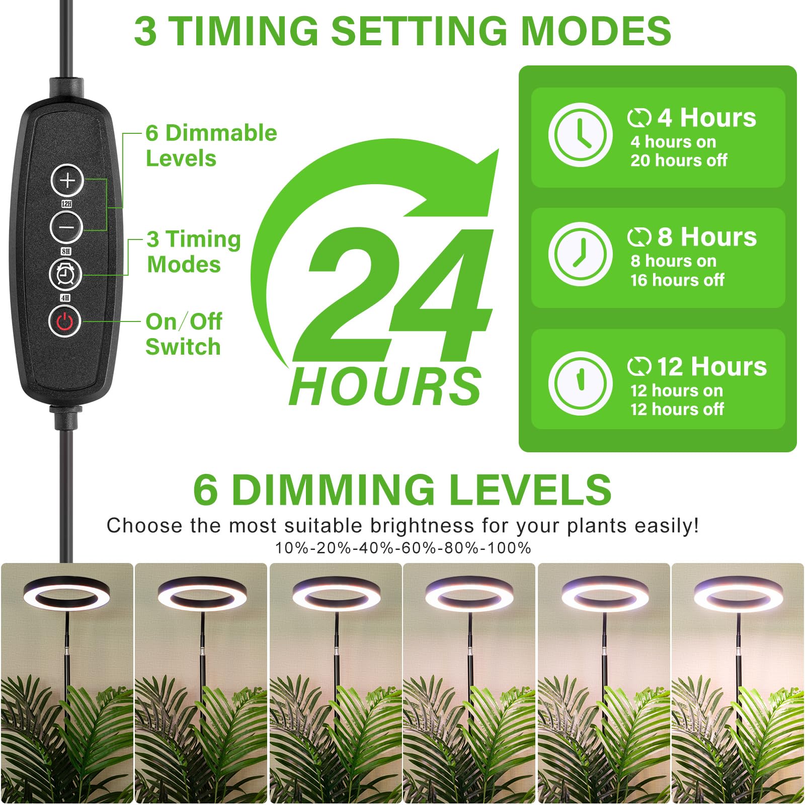 Lordem Grow Light For Indoor Plants, Full Spectrum Plant Light With Auto Timer For 4/8/12H, 7.9&quot; Diameter Growing Lamp With 108 Leds, 4 Dimmable Levels, Adjustable Stand 24&quot;-67&quot;