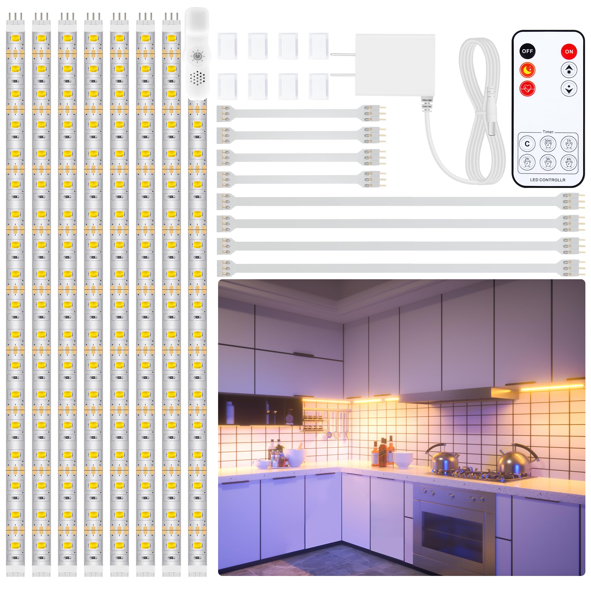LAFULIT Under Cabinet Lighting Kit - 8 PCS Flexible LED Strip Lights - 13ft, 2700K Warm White with Remote and Power Adapter