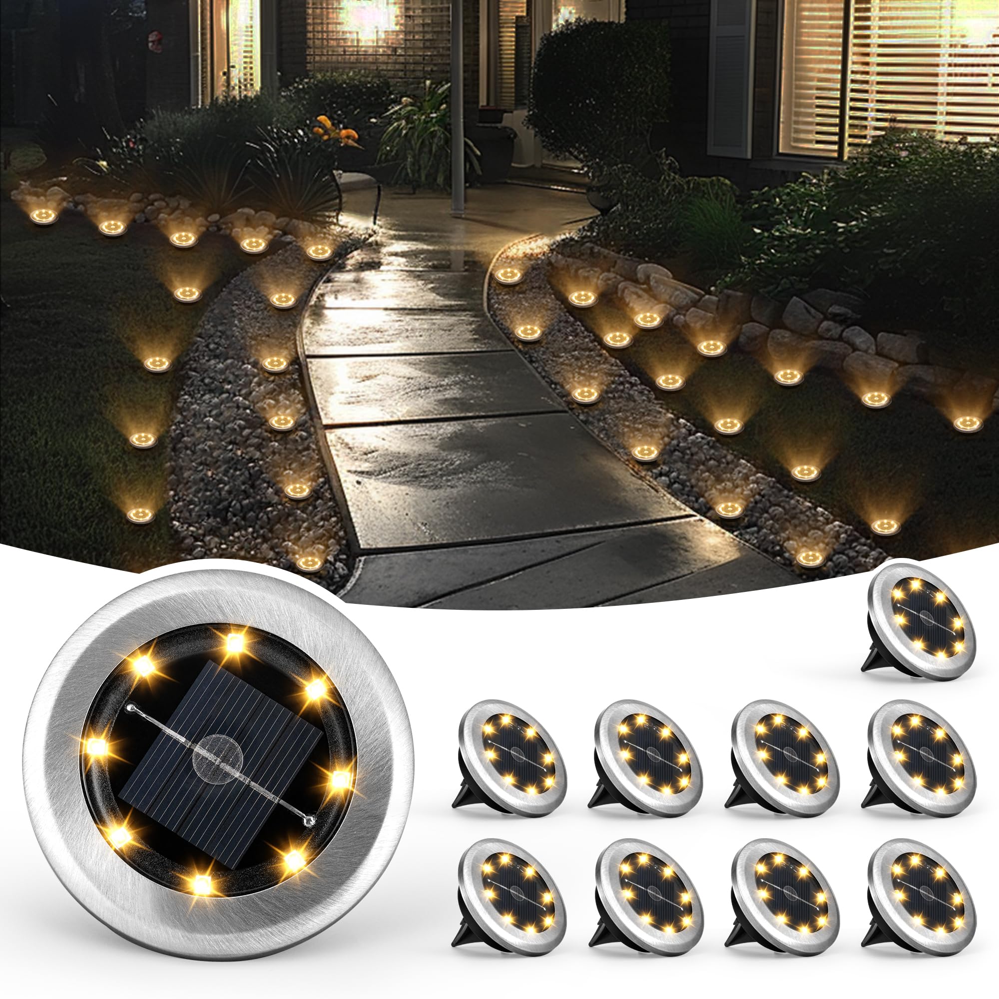 SOLPEX Mini Solar Ground Lights, 10 Pack, Waterproof Stainless Steel, Warm White, Model 8956, Outdoor Pathway Garden Lighting