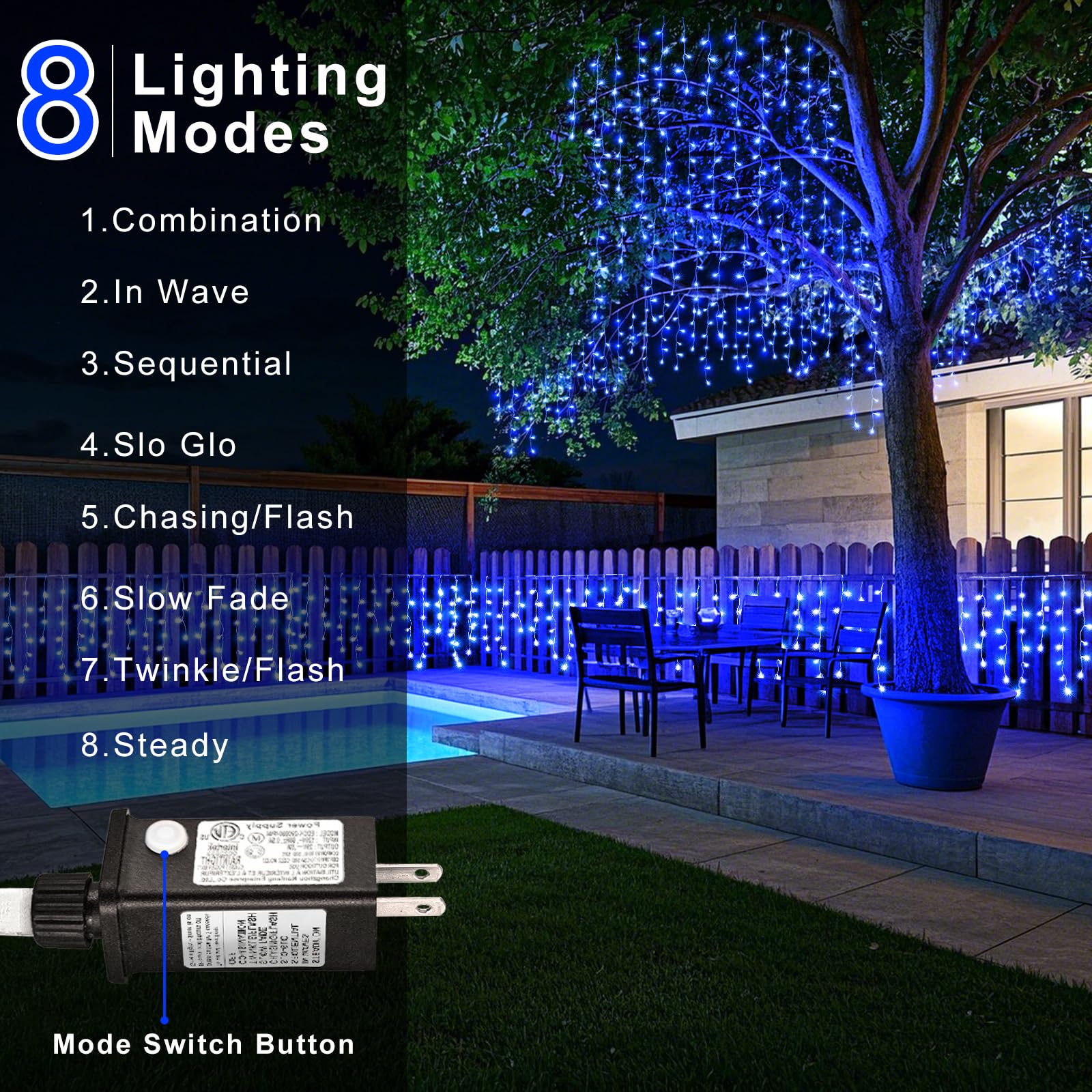 Nielfoi Christmas Icicle Lights - 66ft 640 LED, Blue, Waterproof, 8 Modes, Plug-in, Indoor/Outdoor Decoration, Model BG-CL3M3-306L
