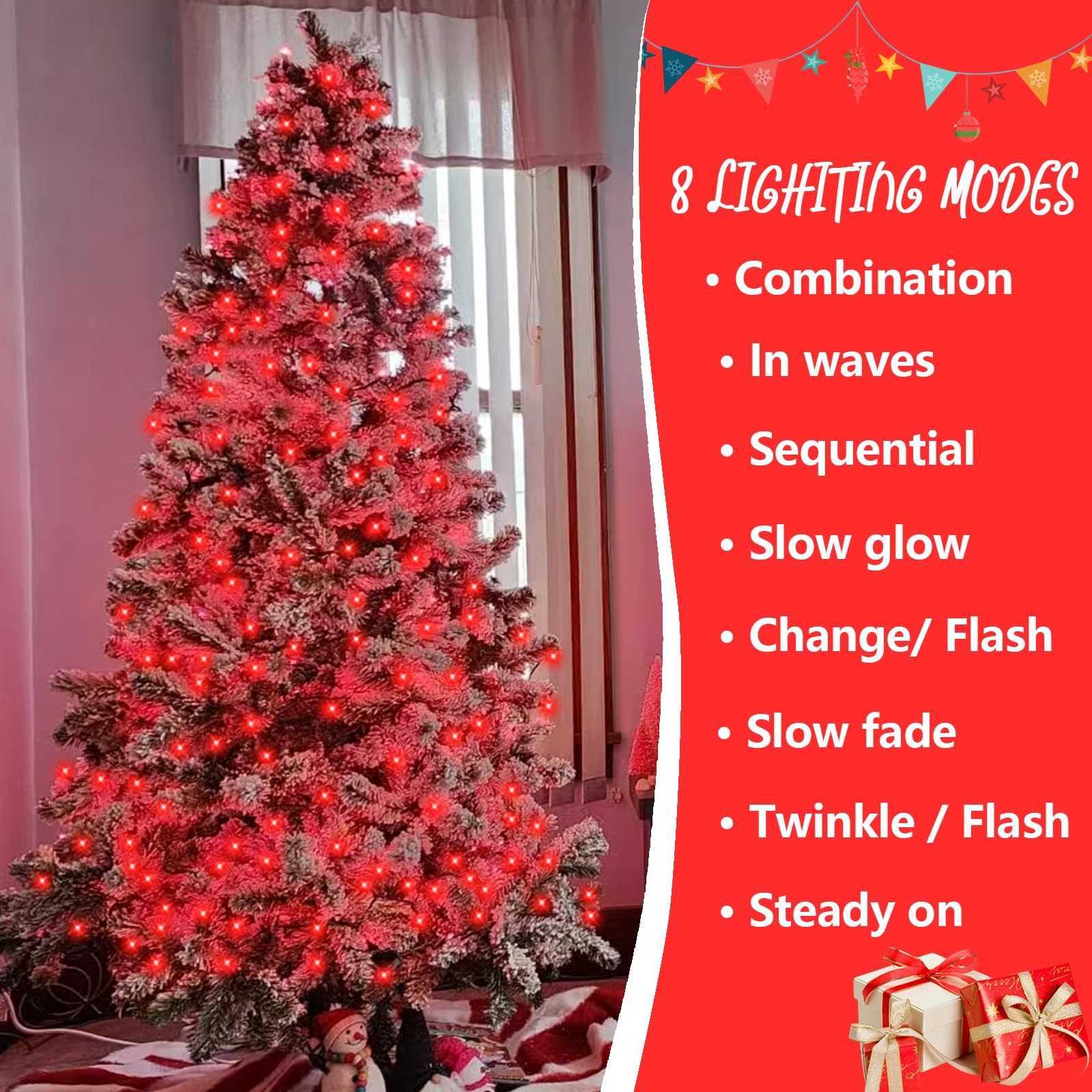 YEGUO 66ft 200 LED Red Christmas Lights, Waterproof Green Wire, 8 Modes, Indoor/Outdoor, Model JT-EL/FC300V0200-C