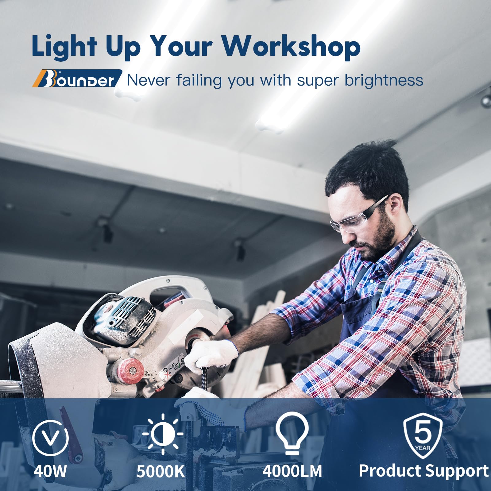 BBOUNDER 4FT Linkable LED Utility Shop Light, 4000 LM, 5000K Daylight, White, Surface & Suspension Mount