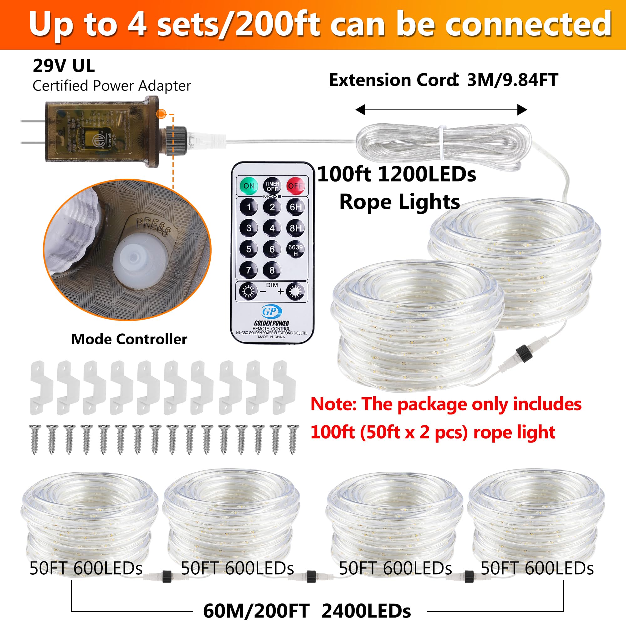OMIKA 100ft LED Rope Lights, Warm White, 1200 LEDs, Plug-in, Waterproof Decorative Lighting for Outdoor and Indoor Use, Model DY-OA08-20