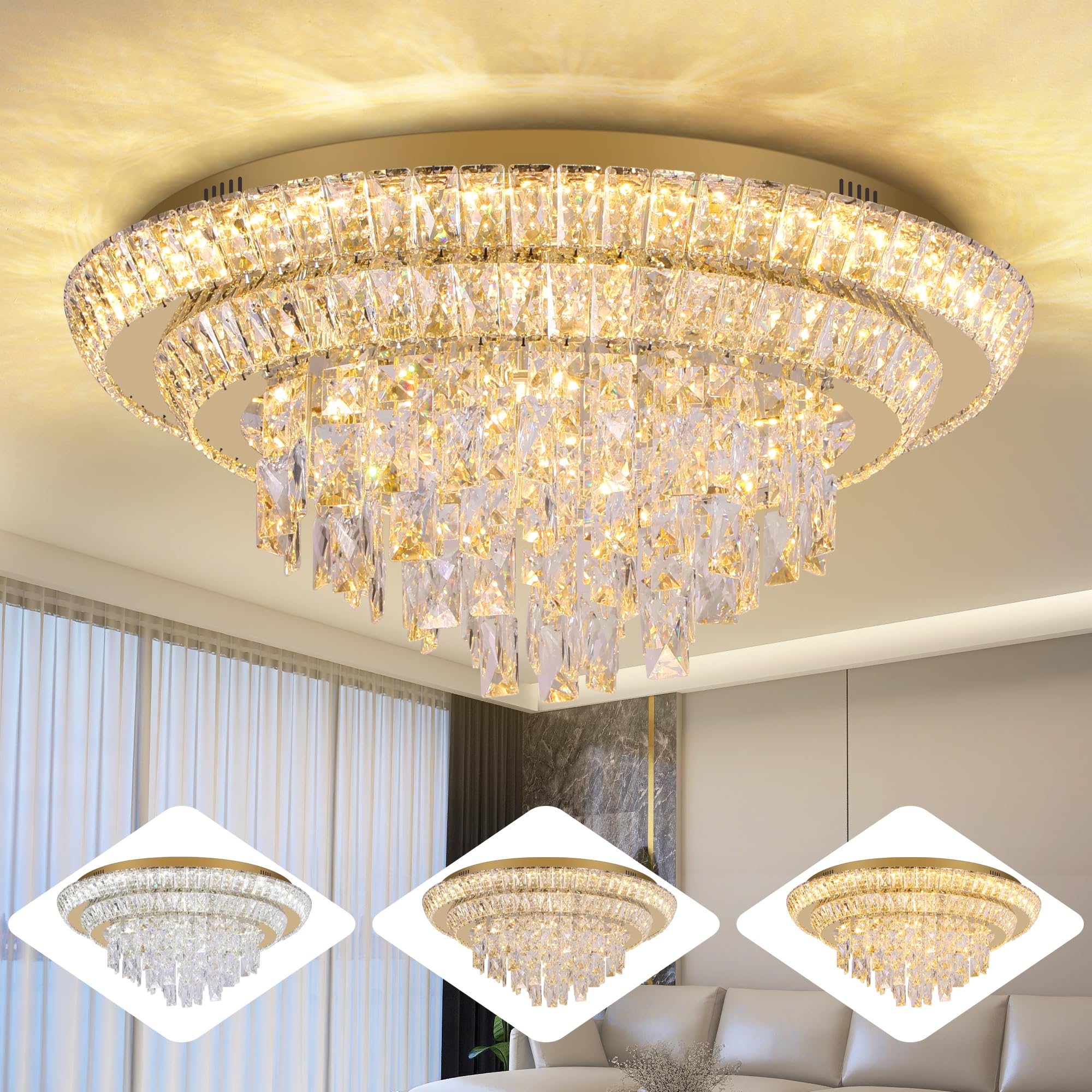 Redstar 24'' Crystal Gold Ceiling-Light Flush Mount With Remote Control, 3 Colors Temp & Brightness Adjustable, Modern Crystal R