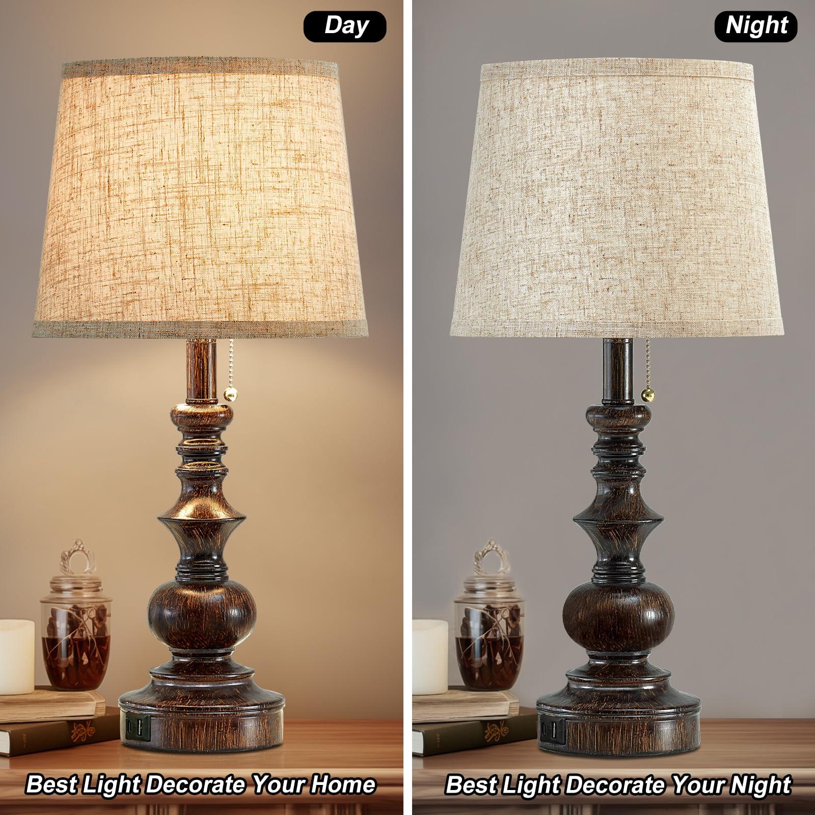 Drawealth 22'' Farmhouse Table Lamps Set of 2 with USB Ports - Brown & Oatmeal, Model T0066F, Perfect for Bedroom & Living Room Nightstands