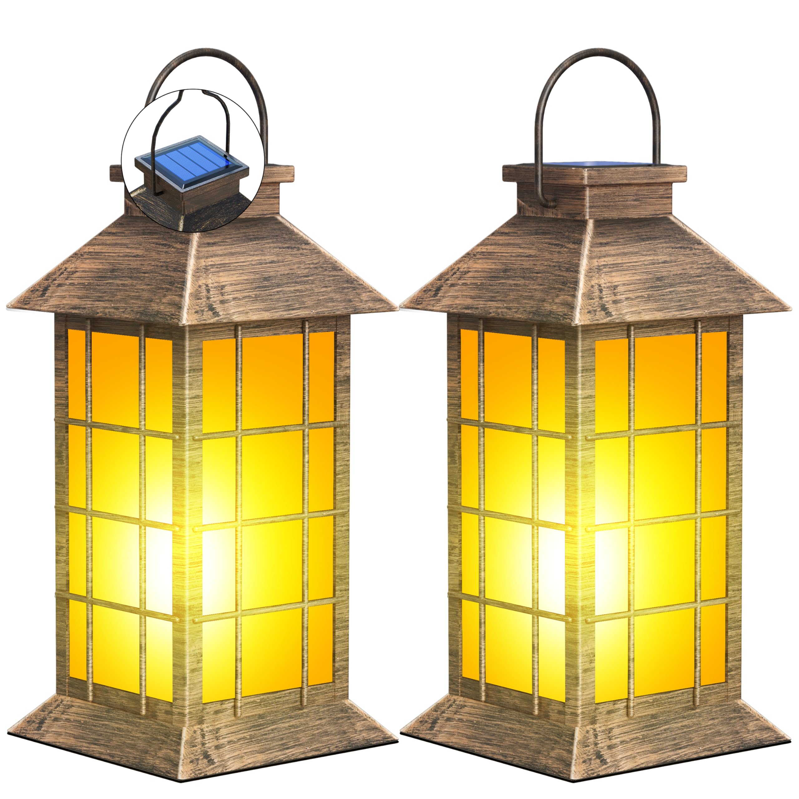 Anyperfect 2 Pack 13 Bronze Solar Lantern With Flickering Flame Candle | Outdoor Waterproof Hanging Lanterns  Metal & Glass Solar Lights For Garden Decoration  Rustic Gifts For Mom