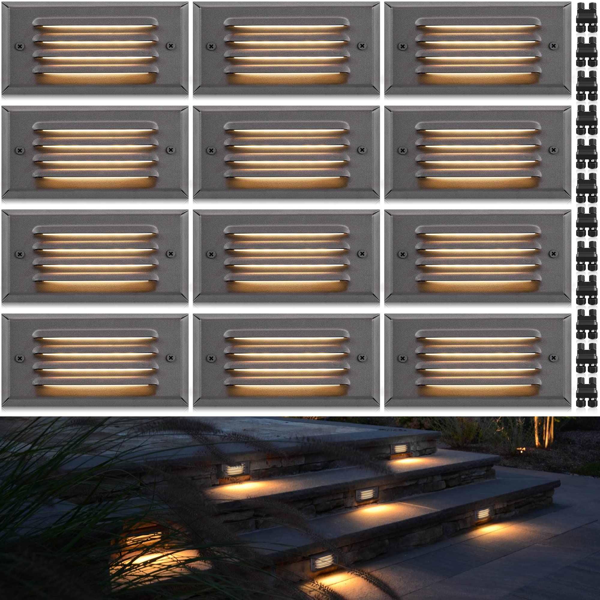 SUNVIE Low Voltage Step Lights 5W LED, Aluminum, 12 Pack, Black, Model BLWFB0512C, 3000K, ETL Listed, for Steps and F