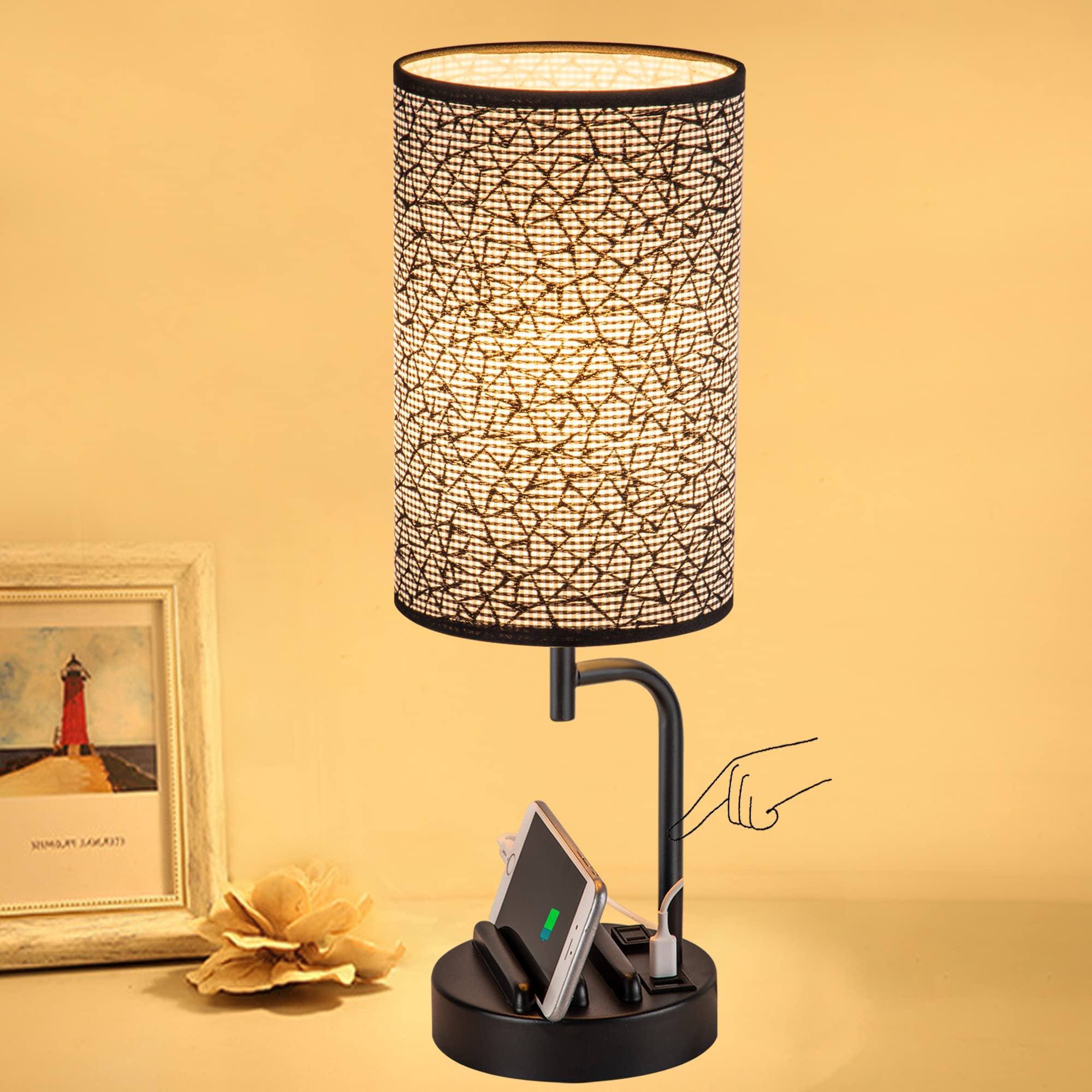 Dreamholder Touch Control USB Table Lamp, Upgraded 3-Way Dimmable Nightstand Desk Lamp with USB C & A Charging Ports and AC Outl