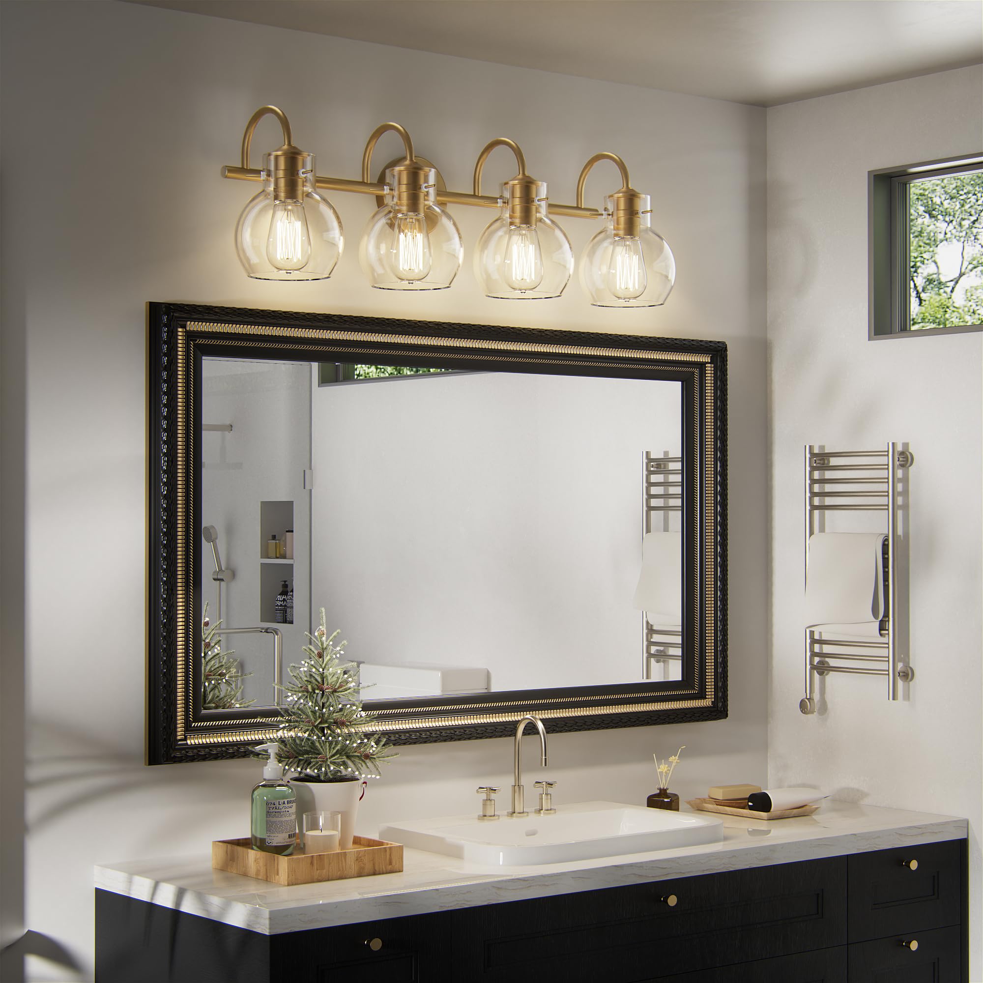 Primeplus 4-Light Gold Bathroom Vanity Light Fixtures, 24 Inch Bathroom Light Fixtures Over Mirror With Clear Glass Shade Wall Mounted Sconces Lighting For Bathroom, Living Room, Hallway, E26 Base