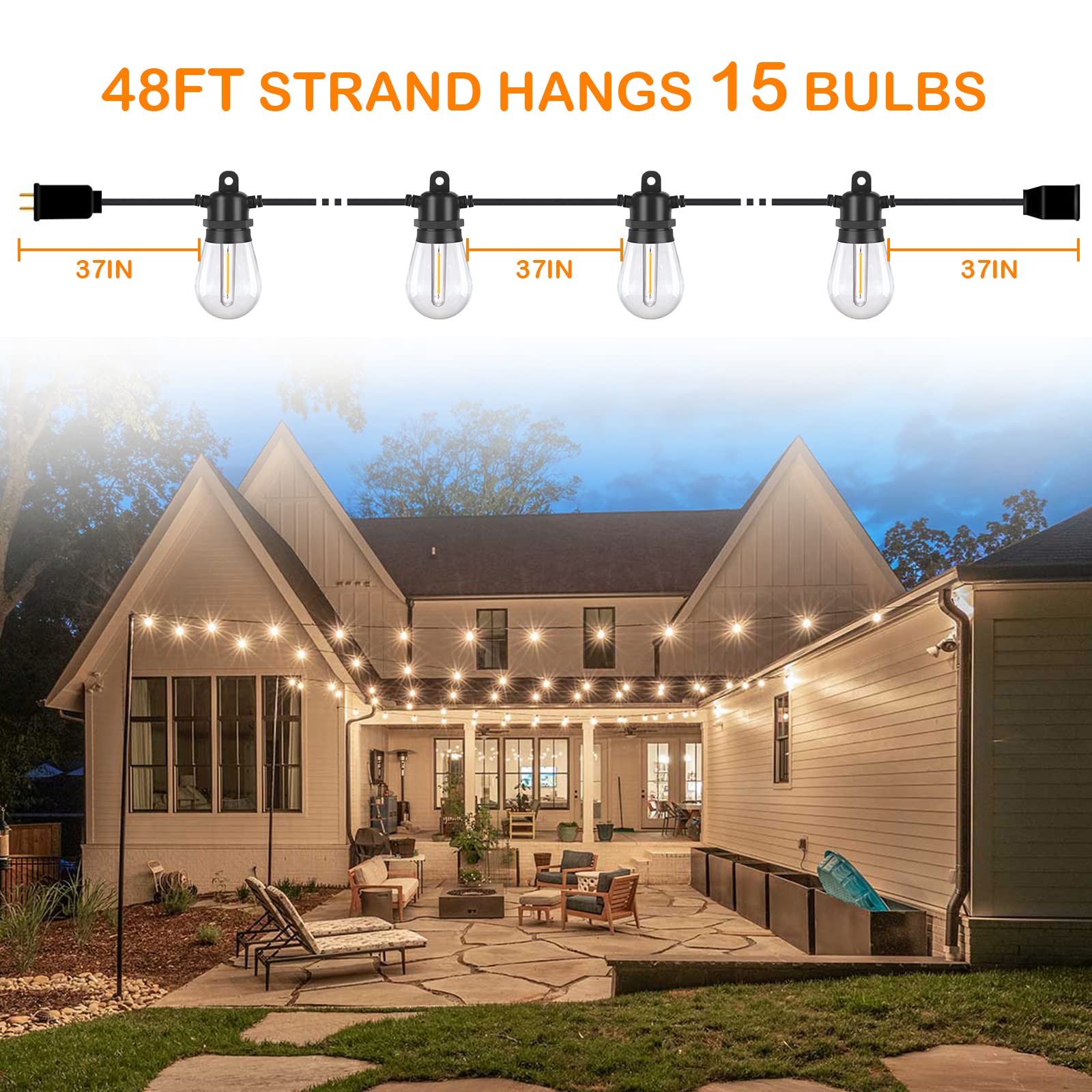Dge Outdoor Led String Lights 48Ft, Shatterproof & Waterproof, Black, Ul Listed For Patio, Backyard, Wedding Party