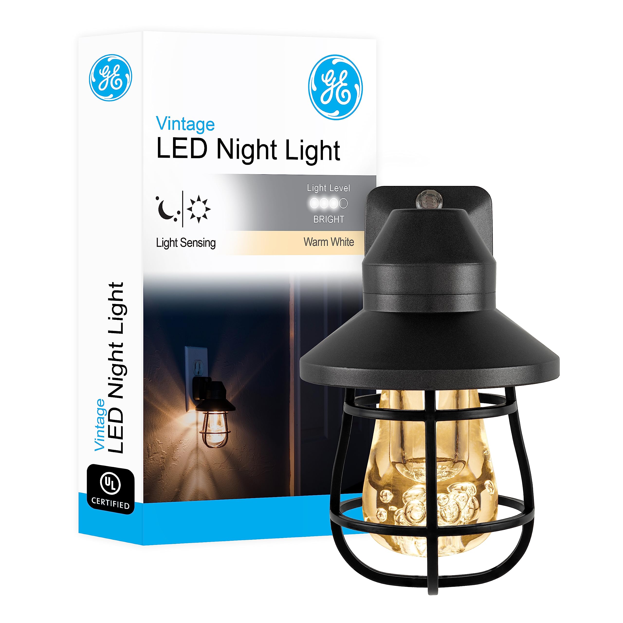 GE Vintage LED Night Light, Dusk to Dawn Sensor, 1 Pack, Black, Model 38628, Plastic, Farmhouse Decor, Ambient Lighting