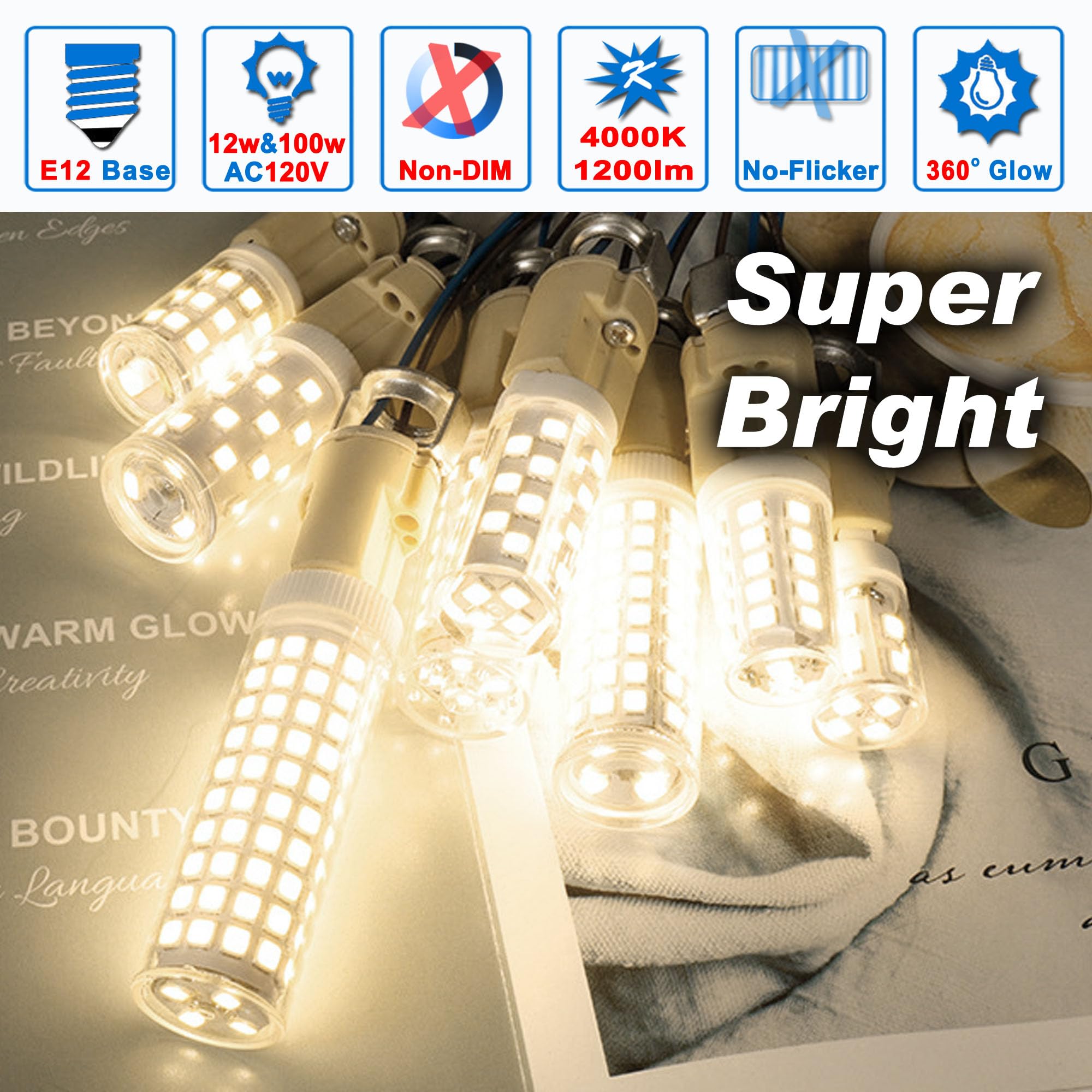 Ziomitus E12 100W Led Bulbs Equivalent C7,4000K Natural White,1200 Lm T6 E12 12W Led Candle Bulbs For Candelabra Ceiling Fan Cha