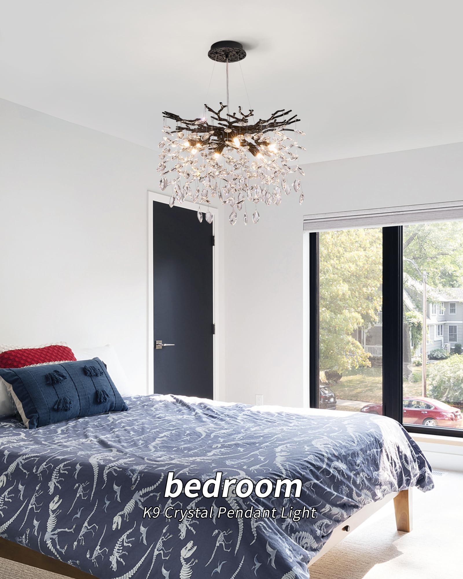 Modern Tree Branch Crystal Chandelier Luxury Black Crystal Pendant Lighting 18'' Contemporary 6-Light Chandeliers For Dining Roo