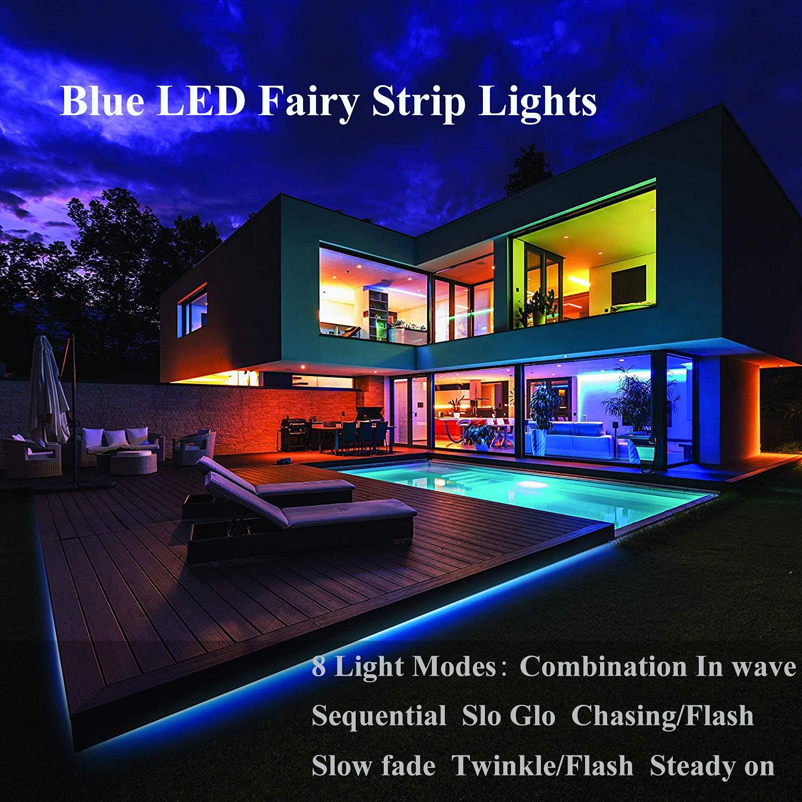 SMART DIRECT LED Strip Lights, 9.8ft, 90 LEDs, Battery Operated, Waterproof, Remote Control, Dimmable, Blue