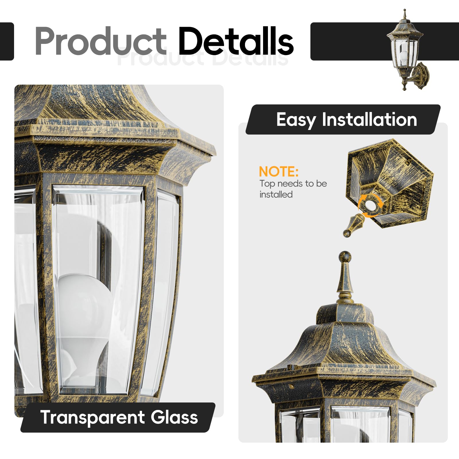 EMART Outdoor Wall Lamp Sconce, Waterproof Aluminum & Glass, 1 Pack, Gold, Model EM-AGGL-1