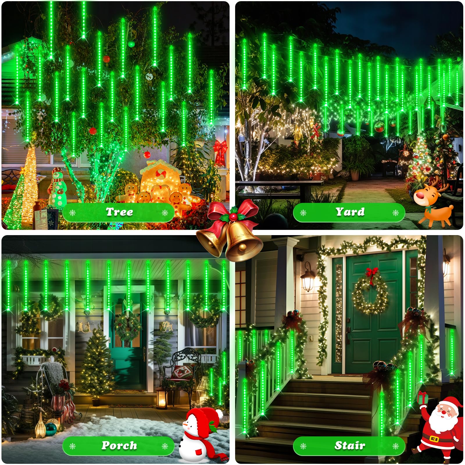 Jmexsuss Green Solar Meteor Shower Rain Lights, 8 Tube 144 Leds Halloween Lights For Xmas Halloween Tree Party Holiday Patio Dec
