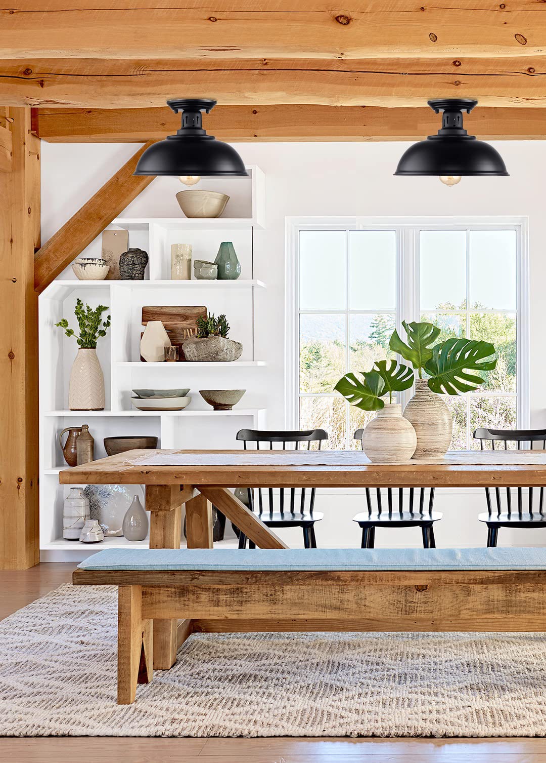 Hmvpl Black Semi Flush Mount Ceiling Light Fixture - Farmhouse Outdoor Lighting For Porch & Entryway