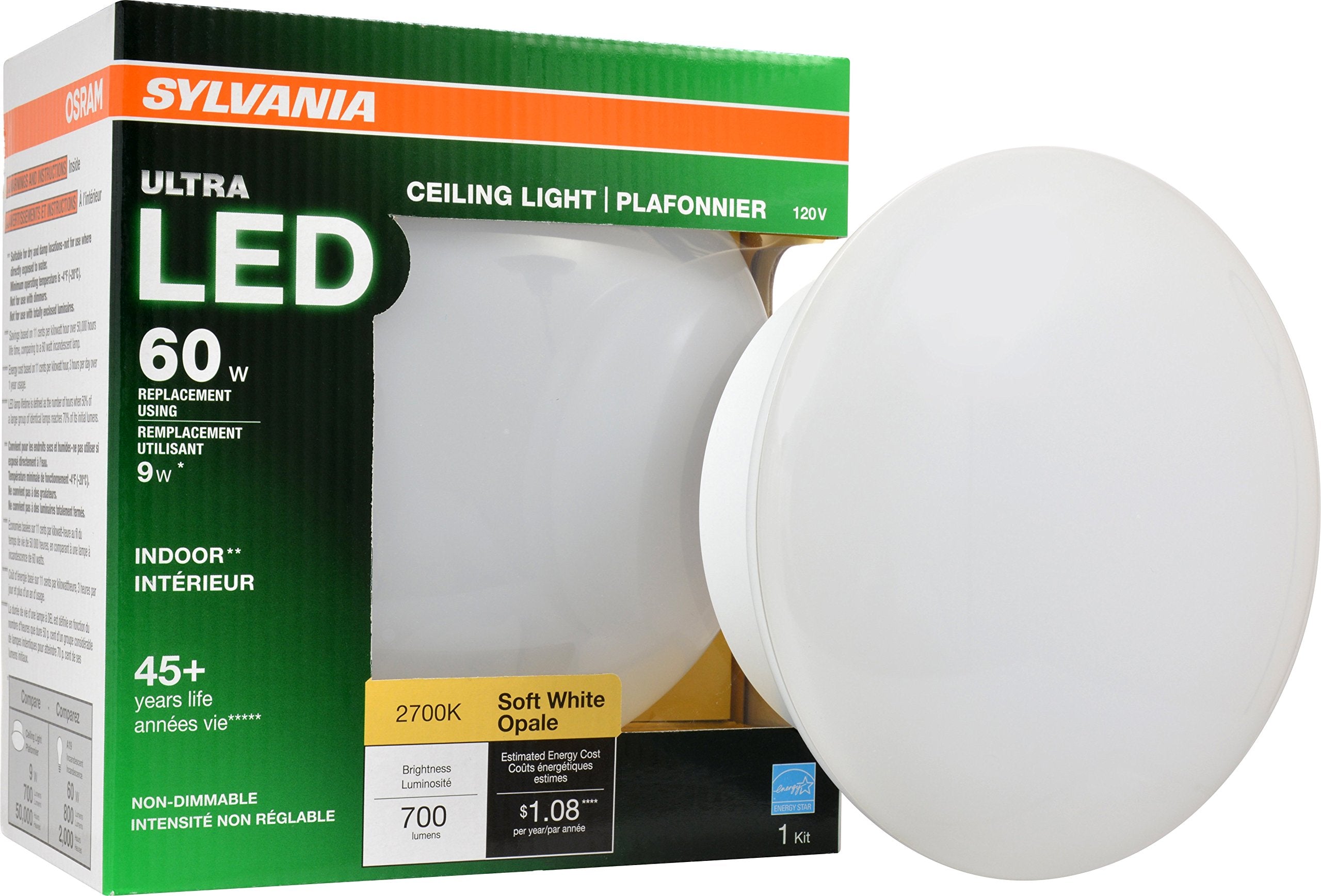 LEDVANCE SYLVANIA Ultra LED Ceiling Light Bulb, 60W Equivalent, 9W, 700 Lumens, Frosted, Soft White, Model 75080, 1 Pack