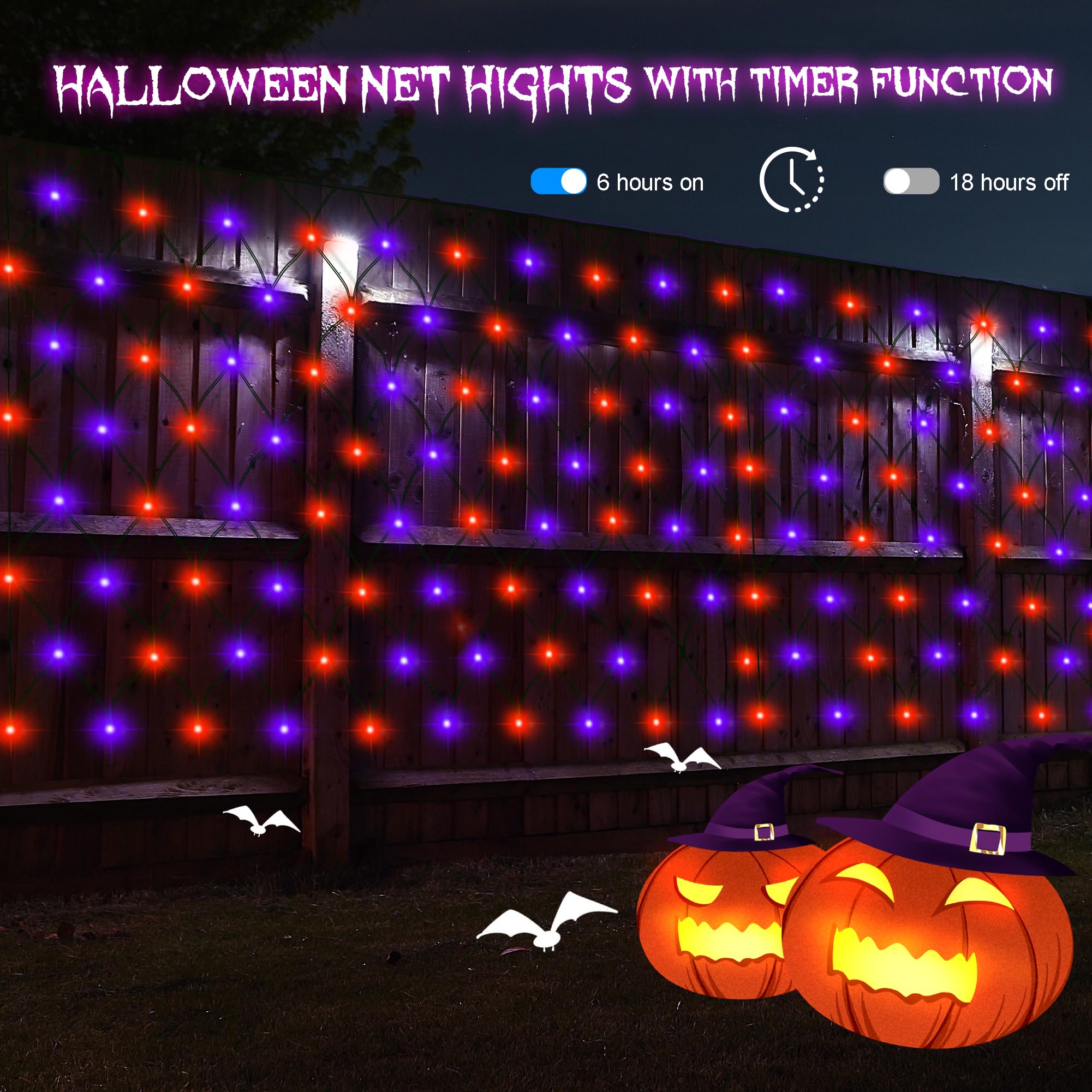 echosari Halloween Net Lights, 100 LED, Battery Operated, 5ft ×5ft, Purple Orange, Model 3AA-100NetL, Remote Timer, Dimmable