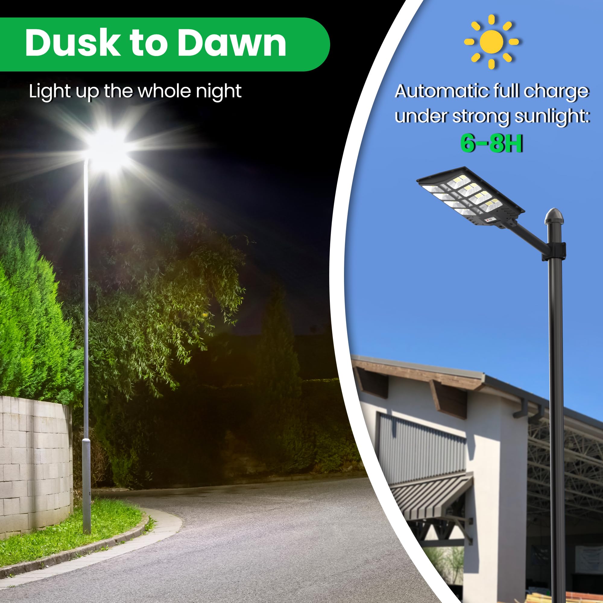 Kifflux 8000W Solar Street Lights - Waterproof Motion Sensor, Dusk to Dawn, Black, Model SSL01-1500W-1P
