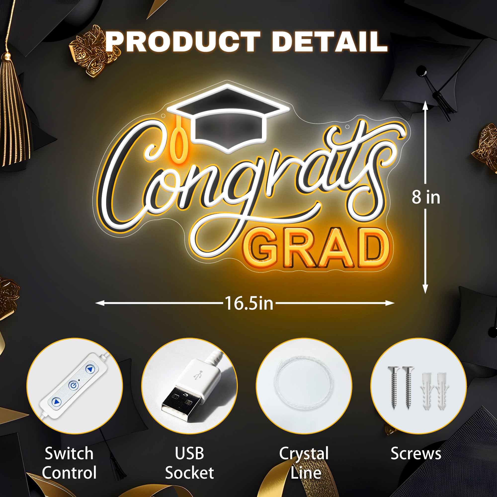 SELICOR Neon Graduation Sign with Cap - LED Light Up Decor, 15in x 8in, White Yellow, Class of 2025, Perfect for Prom Party and Photos