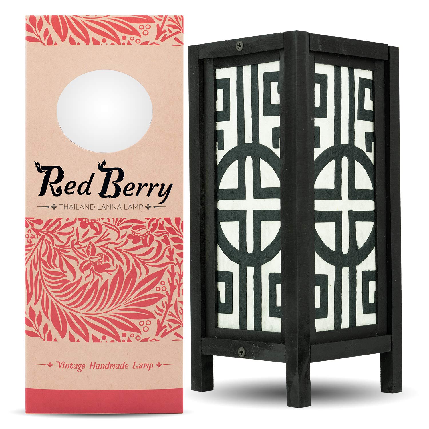 Red Berry Thailand Lanna Lamp - Japanese Style Bedside Lamp, White Bamboo for Bedroom, Desk, Living Room