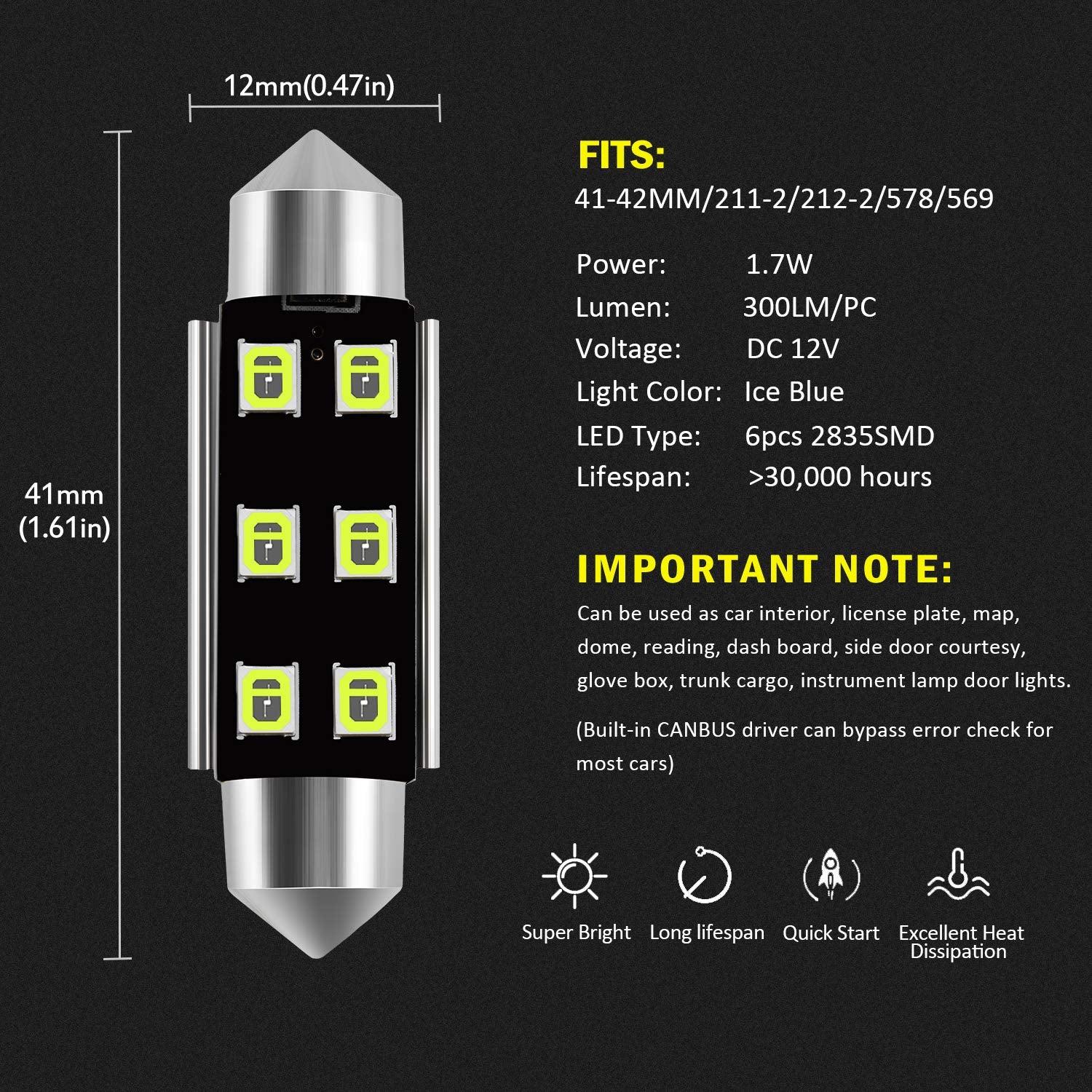 AUXLIGHT Festoon LED Interior Light Bulbs, Ice Blue, 41MM, Super Bright 6SMD Chips, Pack of 6