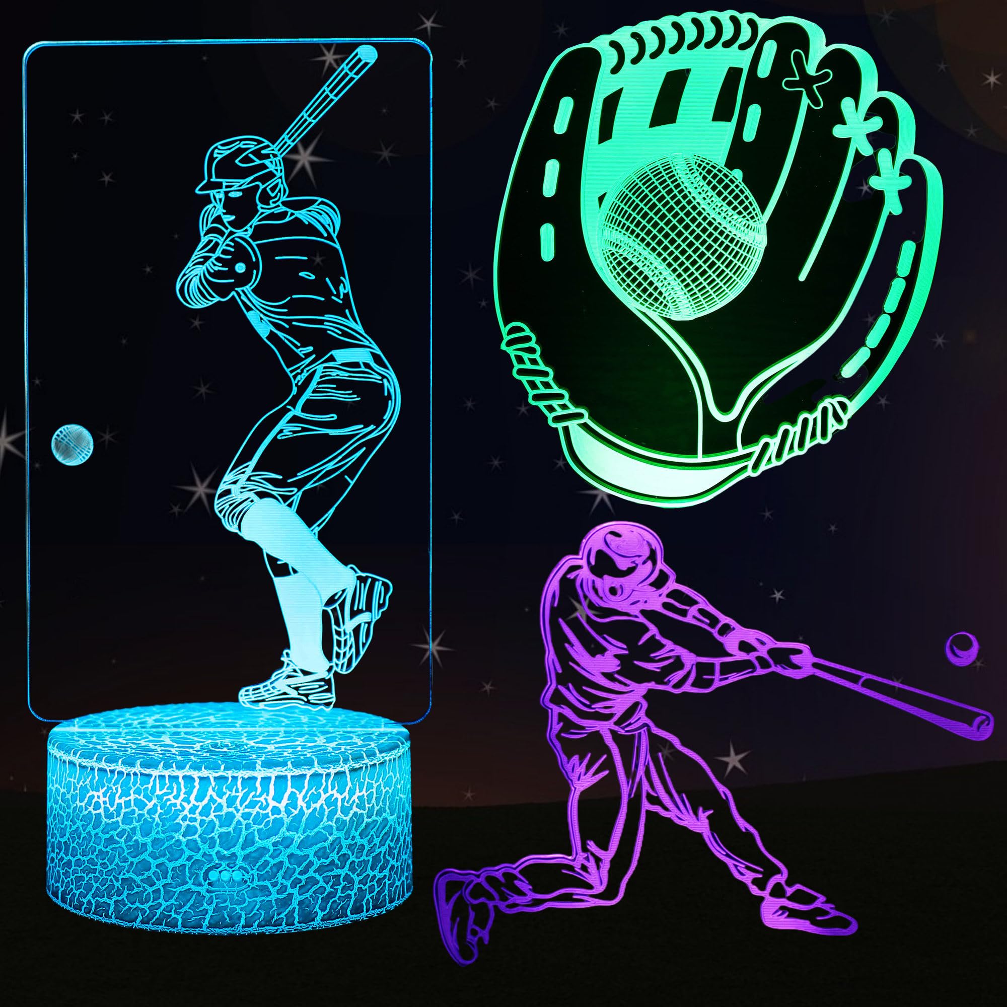 Kenmaca Baseball Player Night Light for Kids Bedroom, 3D Illusion Lamp, 3 Patterns 16 Colors Changing Dimmable Room Decor, Touch