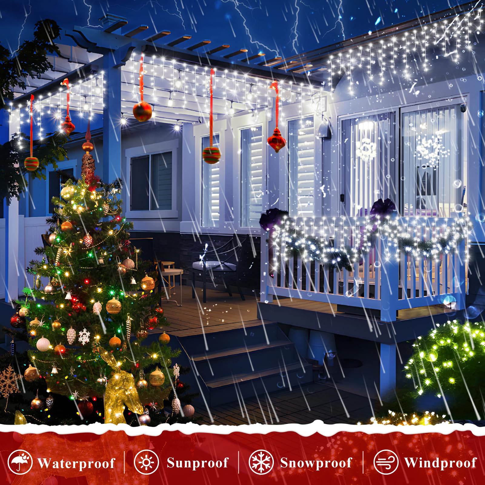 XURISEN Christmas Lights - 1280 LED Curtain Fairy Lights, 132ft, Cool White, 8 Modes, Waterproof with Timer, Model BG-CL3M3-306L01