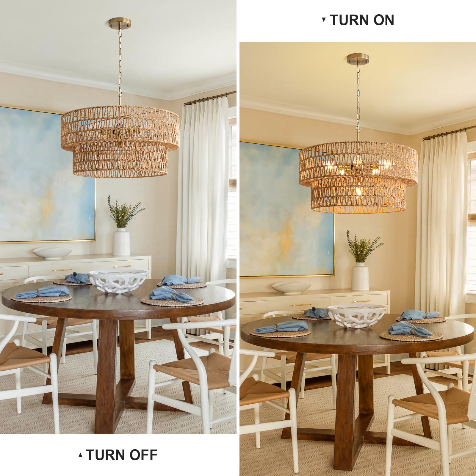 SupMaka 23.6" Boho Rattan Chandelier, 6-Light Pendant Light, Brown Wicker Shade, Ideal for Dining Room, Living Room, Bedroom