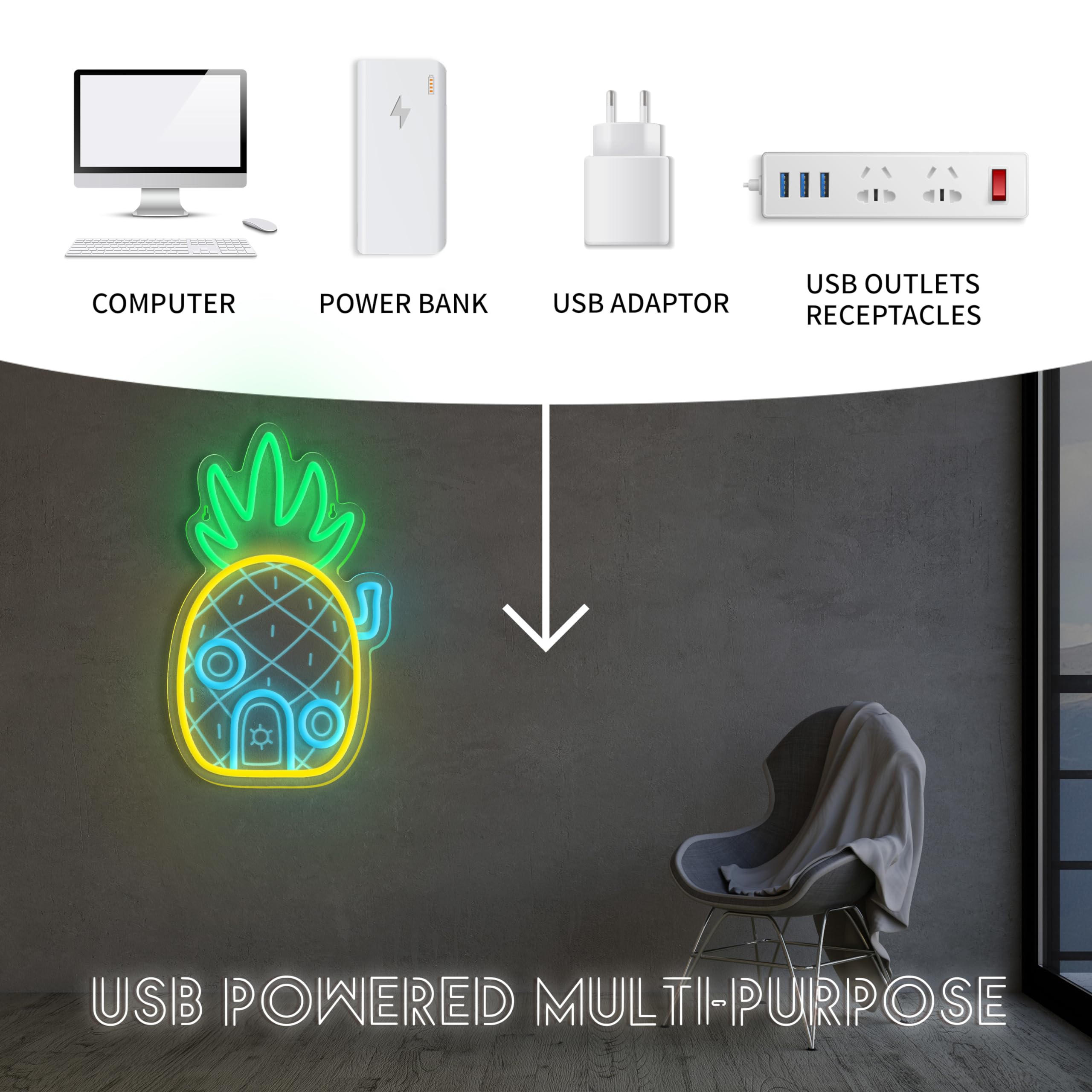 VIKLIU Pineapple House Neon Sign LED Wall Decor, Dimmable, 13.78x8.46 inches, Ocean Theme, Kids Room, Acrylic