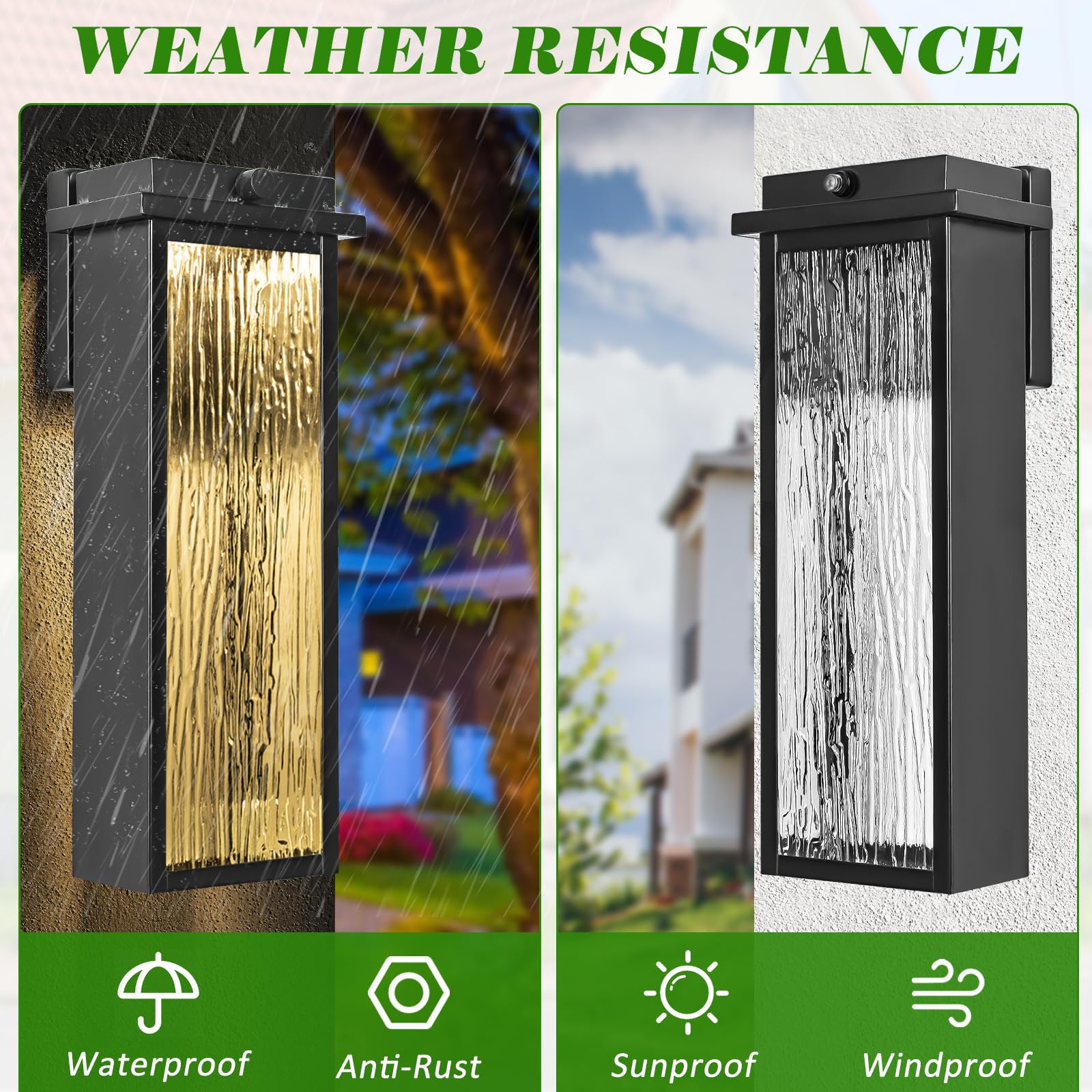 Black Led Dusk To Dawn Outdoor Lighting 2 Packs, 16" Large Outside Farmhouse Wall Lantern, Industrial Porch Wall Mount Light Fixture With Rippled Glass, Waterproof Modern Exterior Sconce Lamp