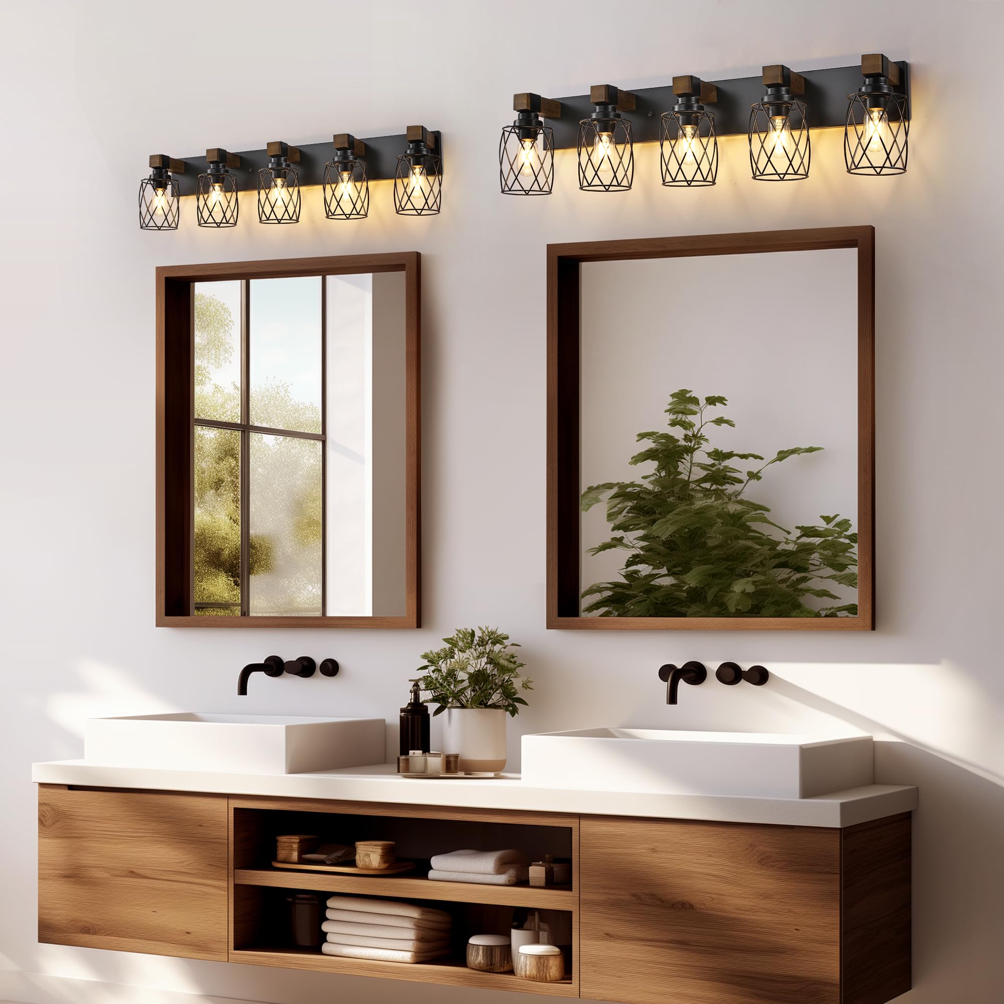 Xvmbvm Farmhouse Bathroom Vanity Light  5-Light Wood Bathroom Light Fixtures Over Mirror  Black Industrial Vanity Lights With Metal Shade  Rustic Bathrooms Lighting For Living Room  Bedrooms  Hallway