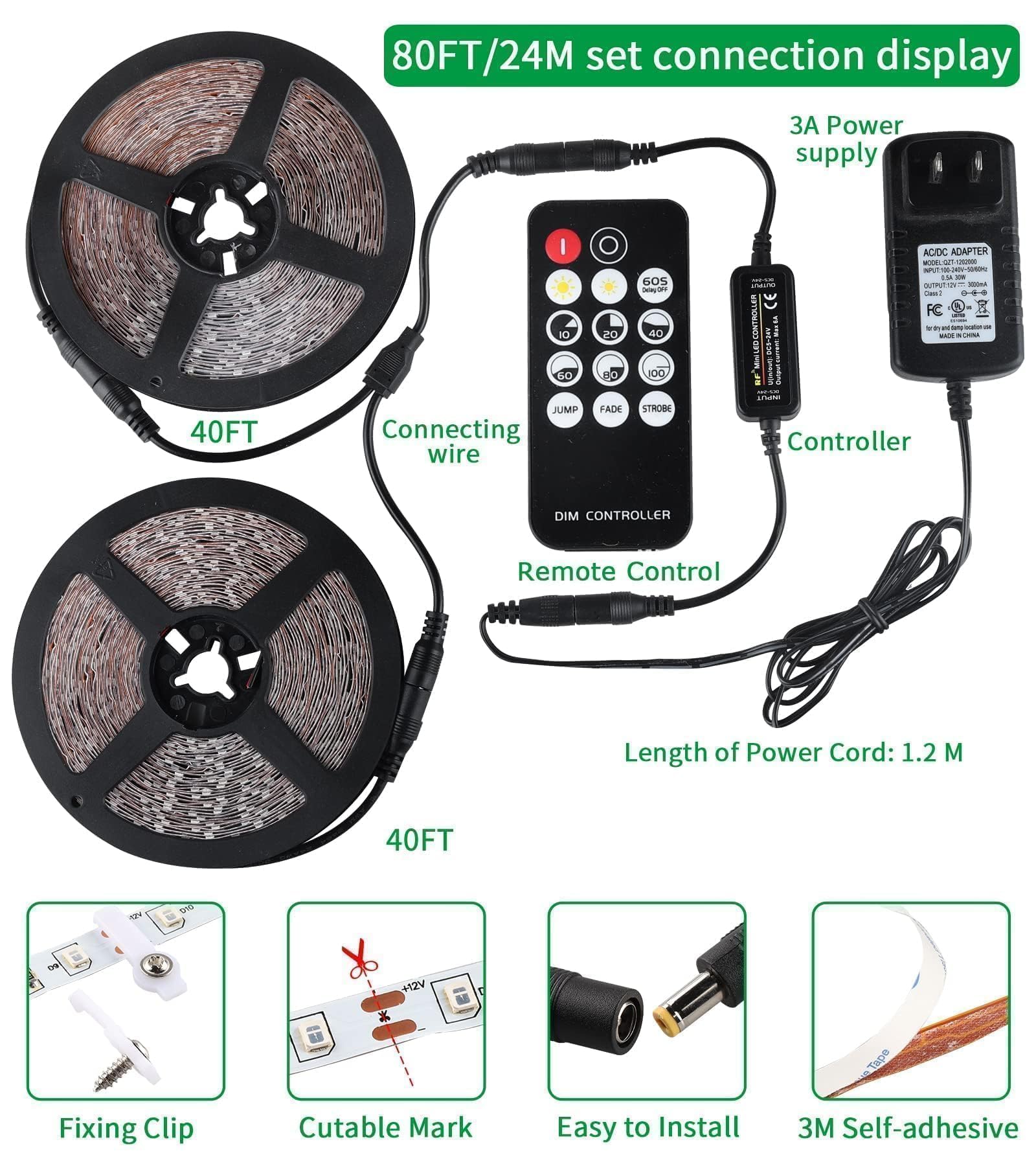 Thecham 80Ft Black Lights Strip With Remote, 1440 Leds, 12V Flexible Blackights For Glow Party, Adjust Brightness, Delay Off, 3