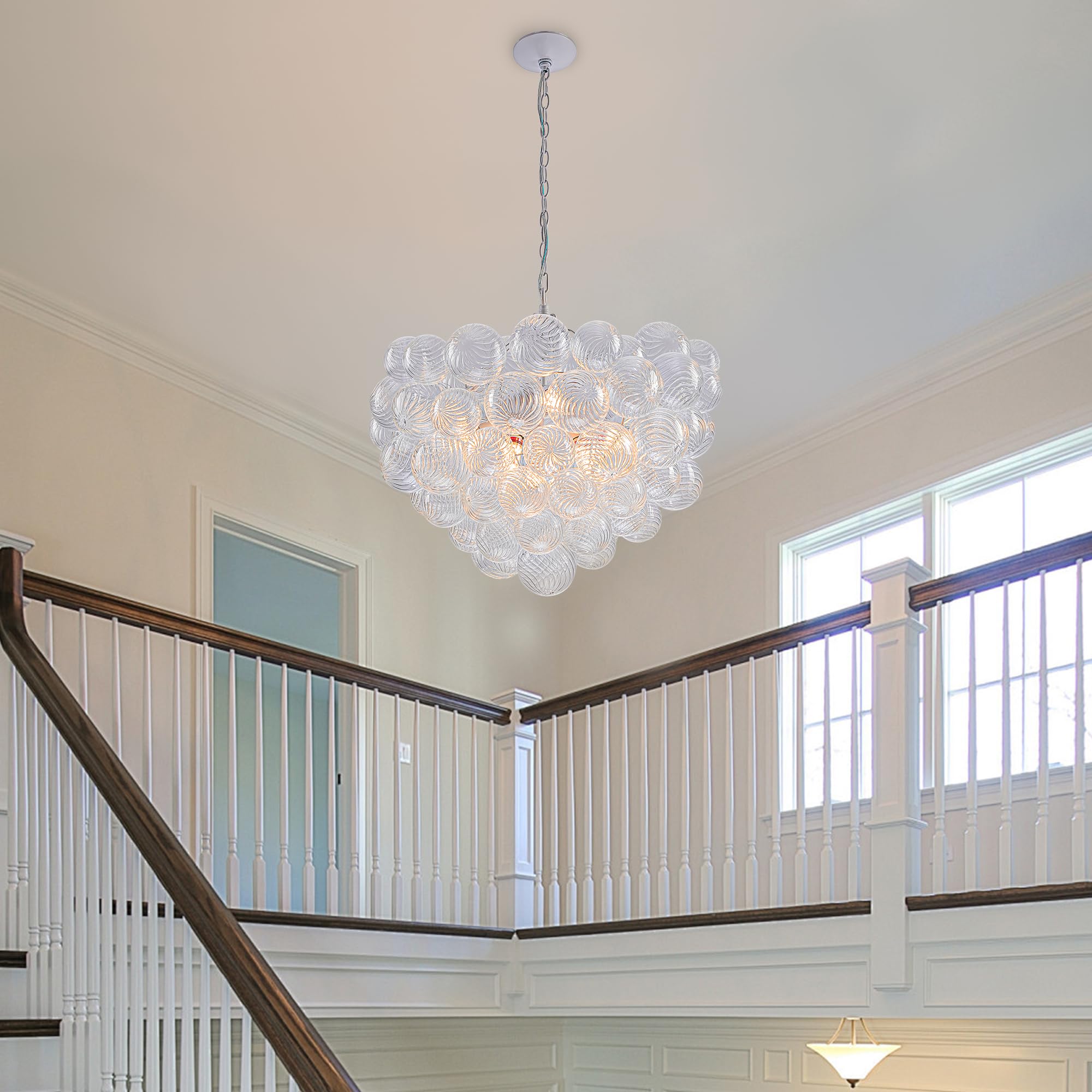 Beypan Bubble Ball Swirled Glass Chandelier White Finish 24'' Dia Clear Ribbed Blown Glass Globe Pendant Light Fixture For Bedro