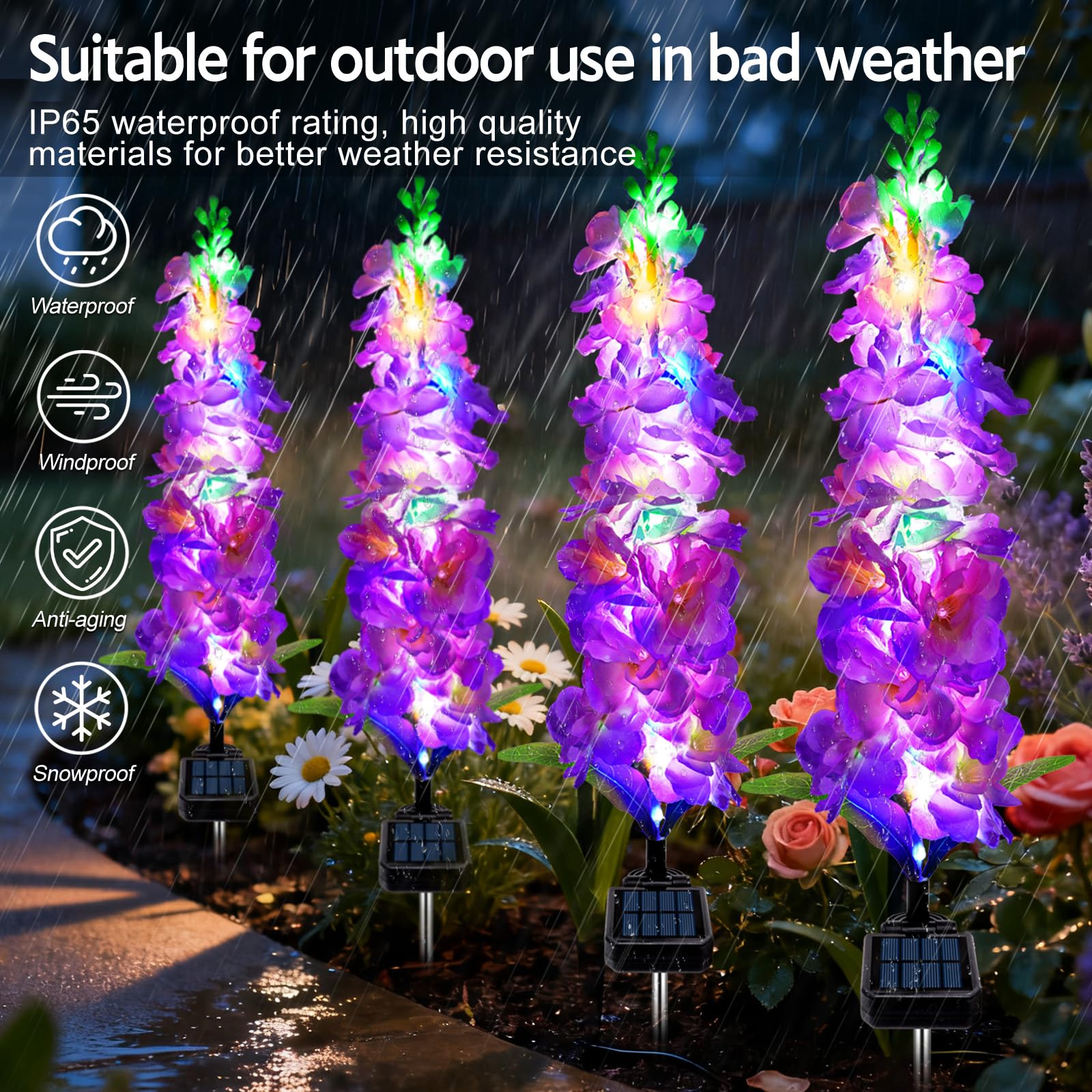 Mrhephaestus Solar Garden Lights  Solar Purple Delphinium Flowers Lights 4 Pack 80 Leds  Waterproof Outdoor Light Two Lighting Modes For Outside Wedding Party Garden Yard Patio Lawn Decor
