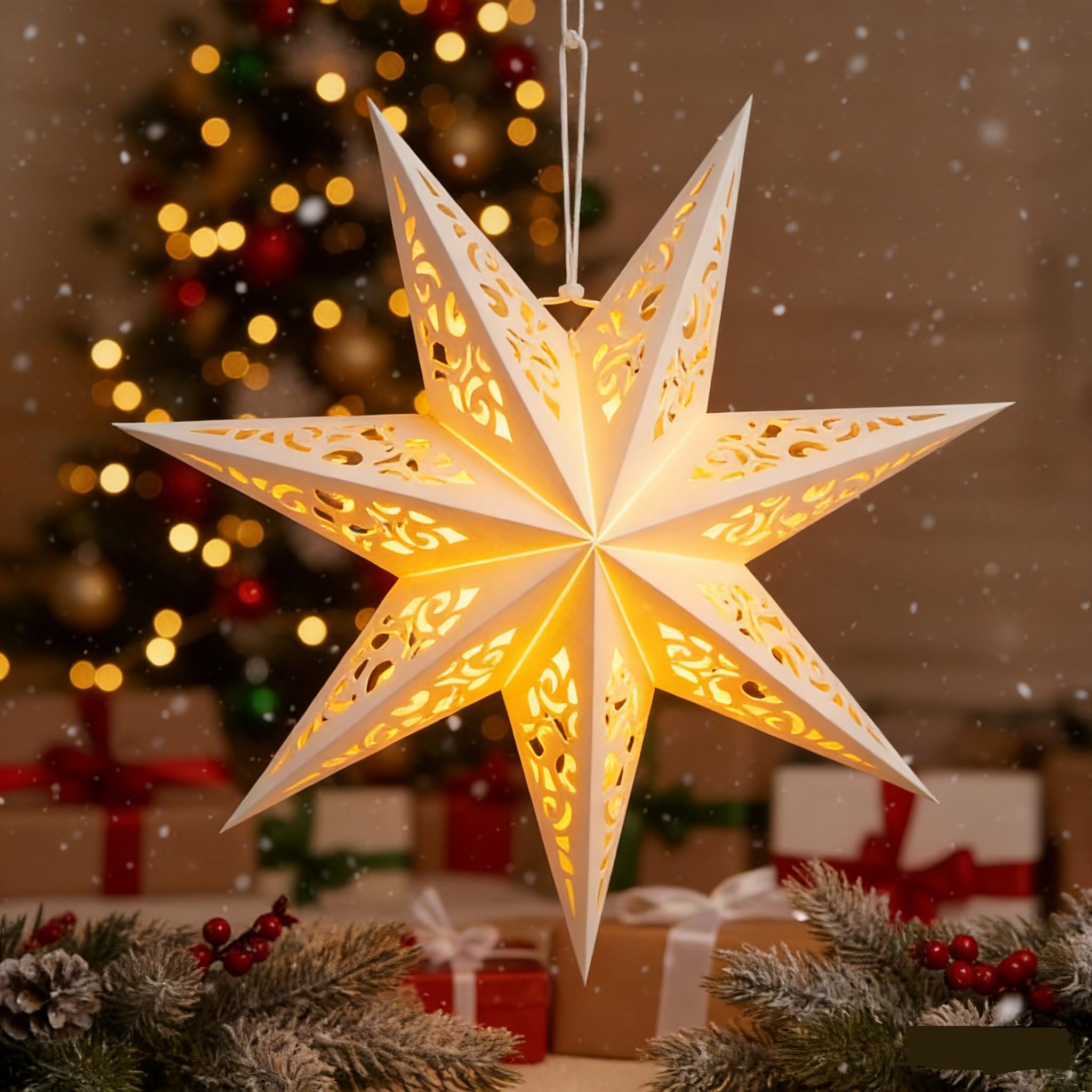 LIOOBO Paper Star Lanterns: Christmas Star Hanging Lampshade Hollow Light Cover White Paper Lanterns Pendant for Christmas Birth