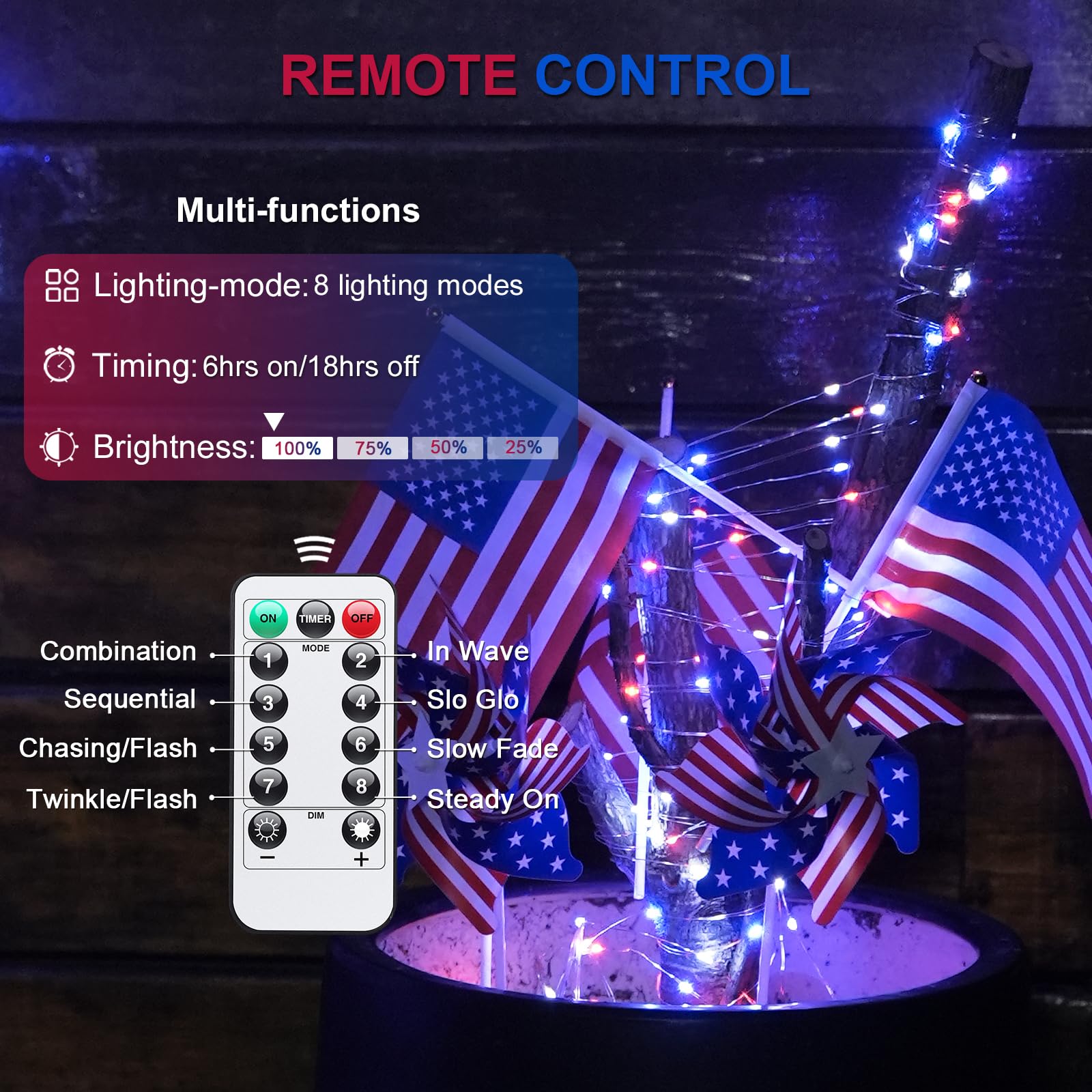 JMEXSUSS Battery Operated Fairy Lights, 200 LED, 66ft, 8 Modes, Copper, Red White Blue, 2 Pack