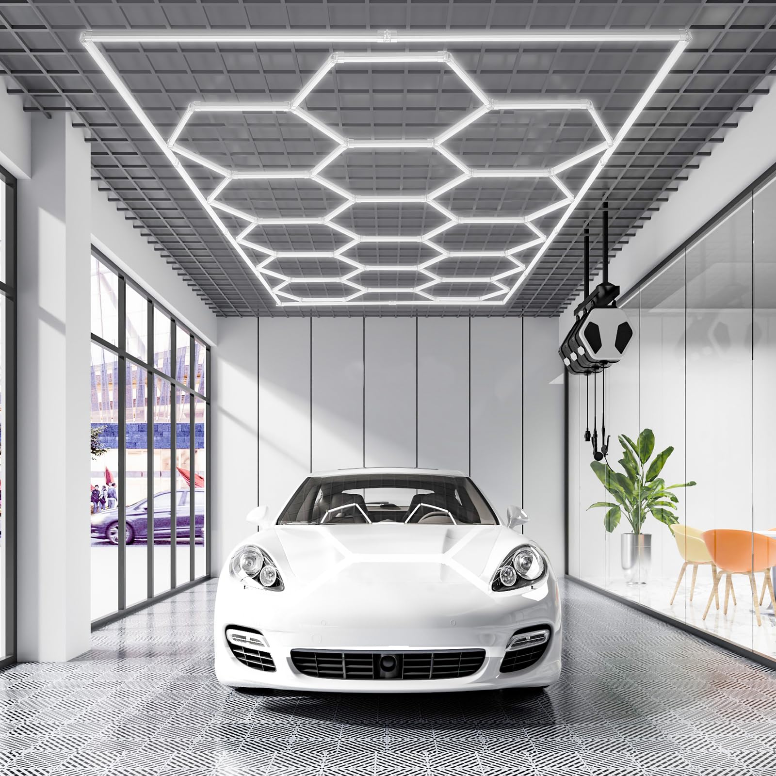 VEVOR Hexagon Garage Lights, 66300LM, 6500K 15 Grid Systems Honeycomb Hexagonal LED Lights, DIY Cool White Car Detailing Ceiling Lighting Bright Shop Light for Gym Basement Workshop