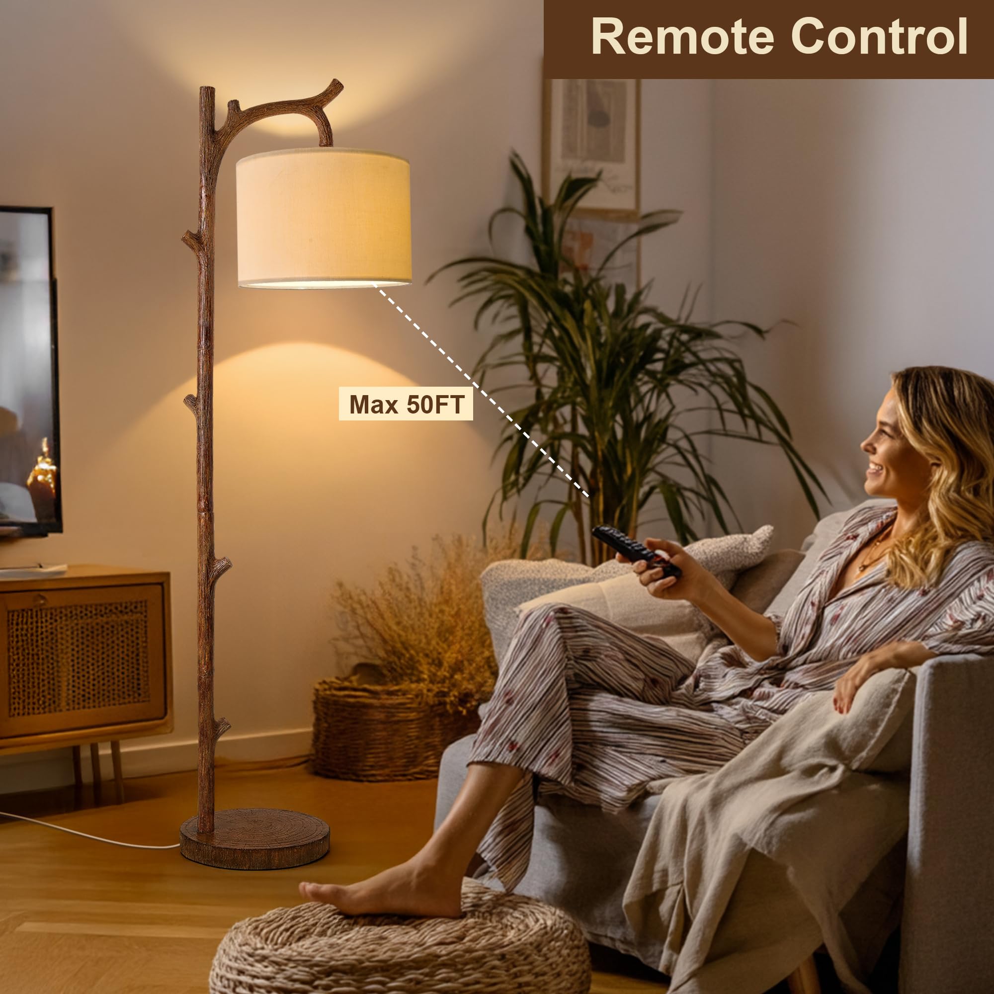 OYEARS Retro Farmhouse Floor Lamp - Brown Tree Trunk Design, Resin Material, Remote Control, Model AMZ-F1159WC-RC
