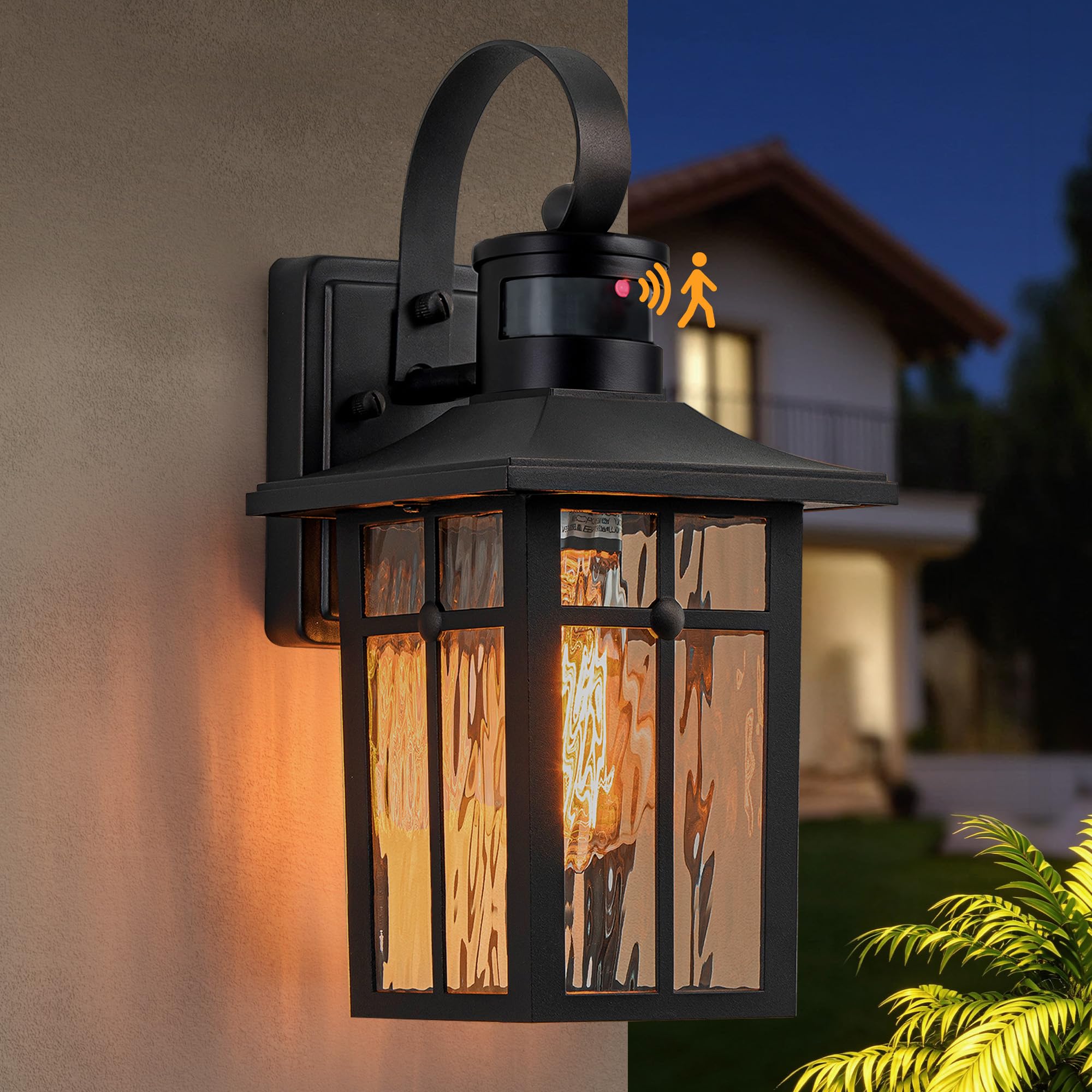 Lawyettle Motion Sensor Outdoor Wall Lights, Aluminum Dusk to Dawn Exterior Light Fixtures with Ripple Glass, 3 Lighting Modes B
